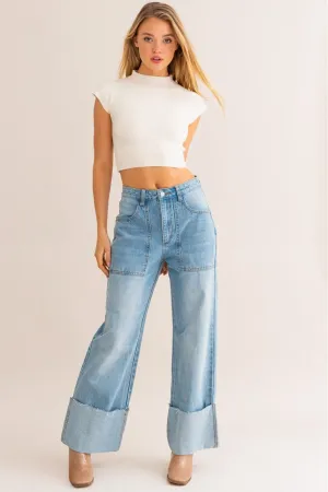 Wide Leg Cuffed Jeans