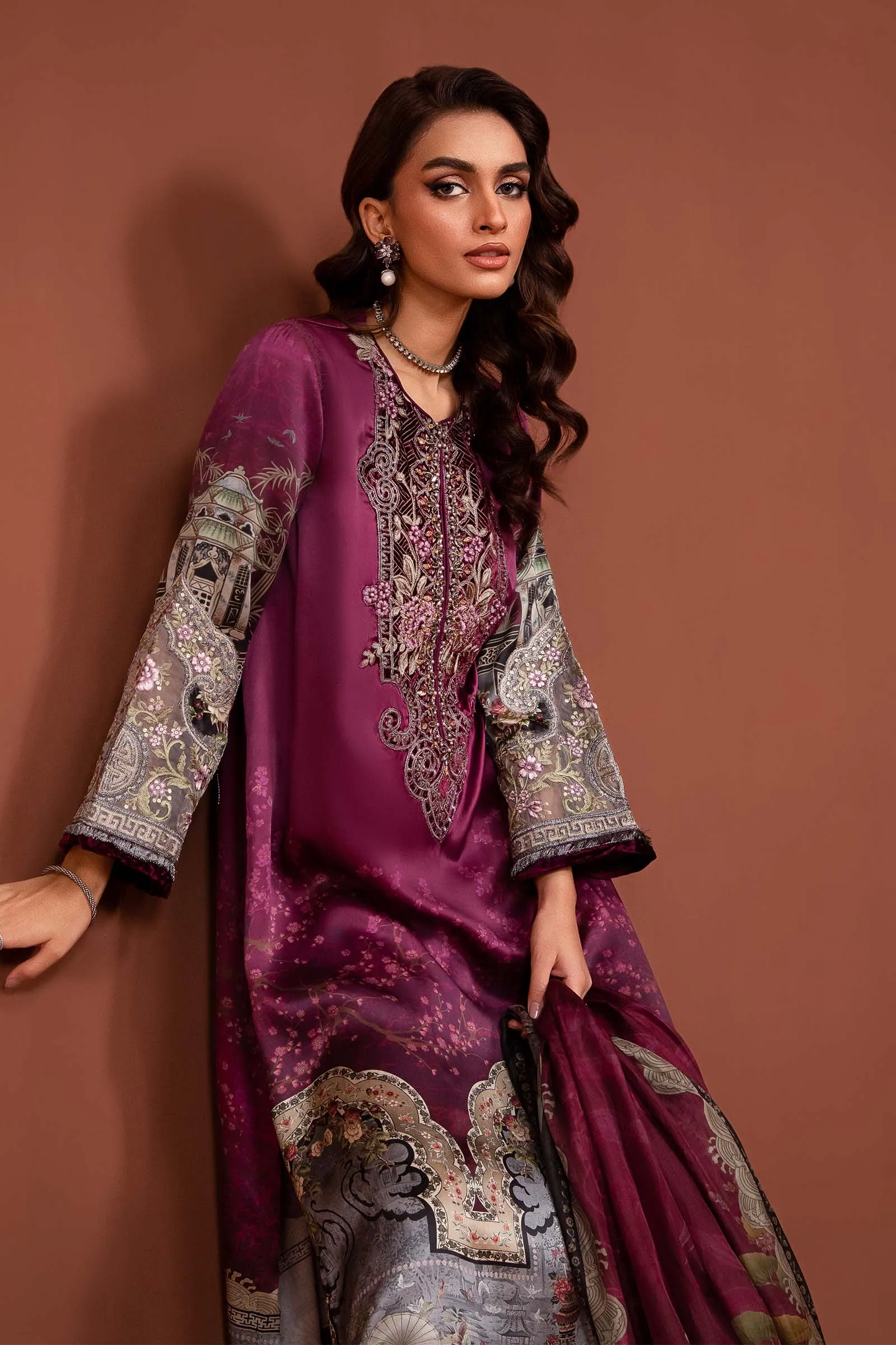 3 Piece Embroidered Pure Charmeuse Silk Suit | MPS-PF24-04