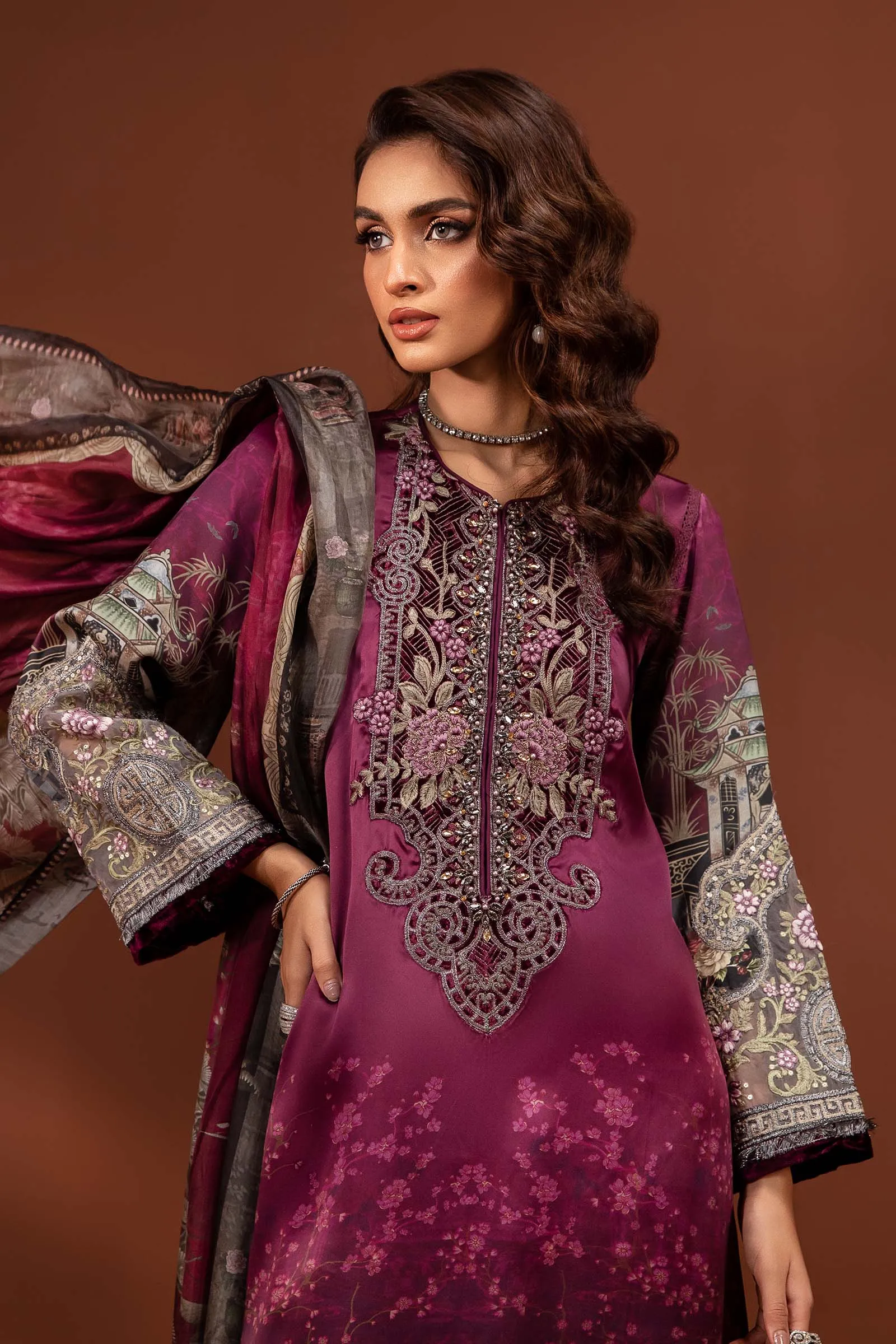 3 Piece Embroidered Pure Charmeuse Silk Suit | MPS-PF24-04