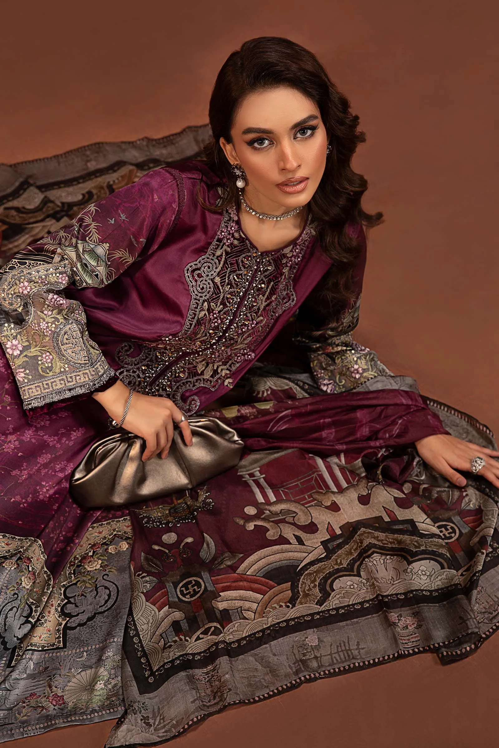 3 Piece Embroidered Pure Charmeuse Silk Suit | MPS-PF24-04