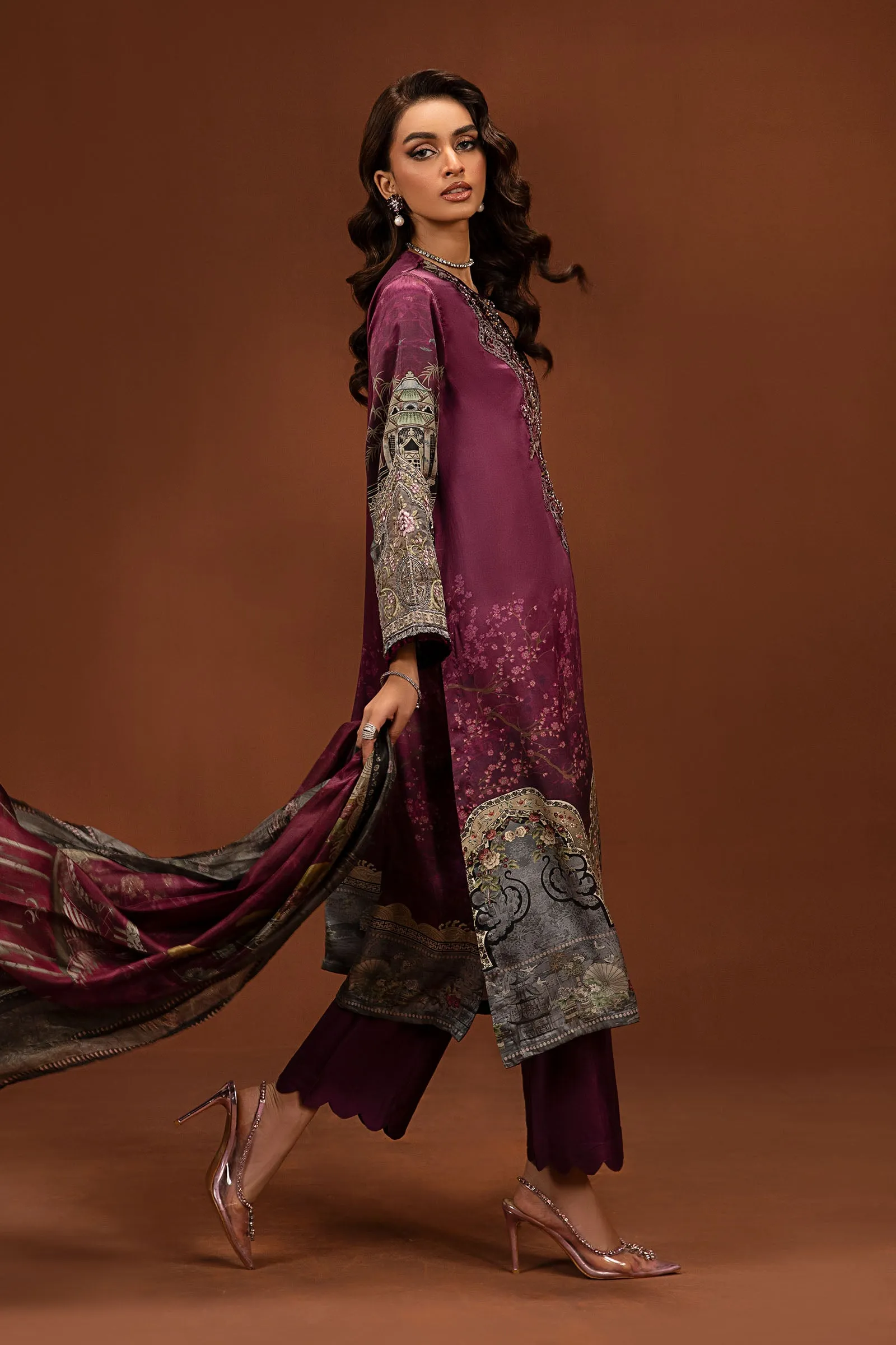 3 Piece Embroidered Pure Charmeuse Silk Suit | MPS-PF24-04