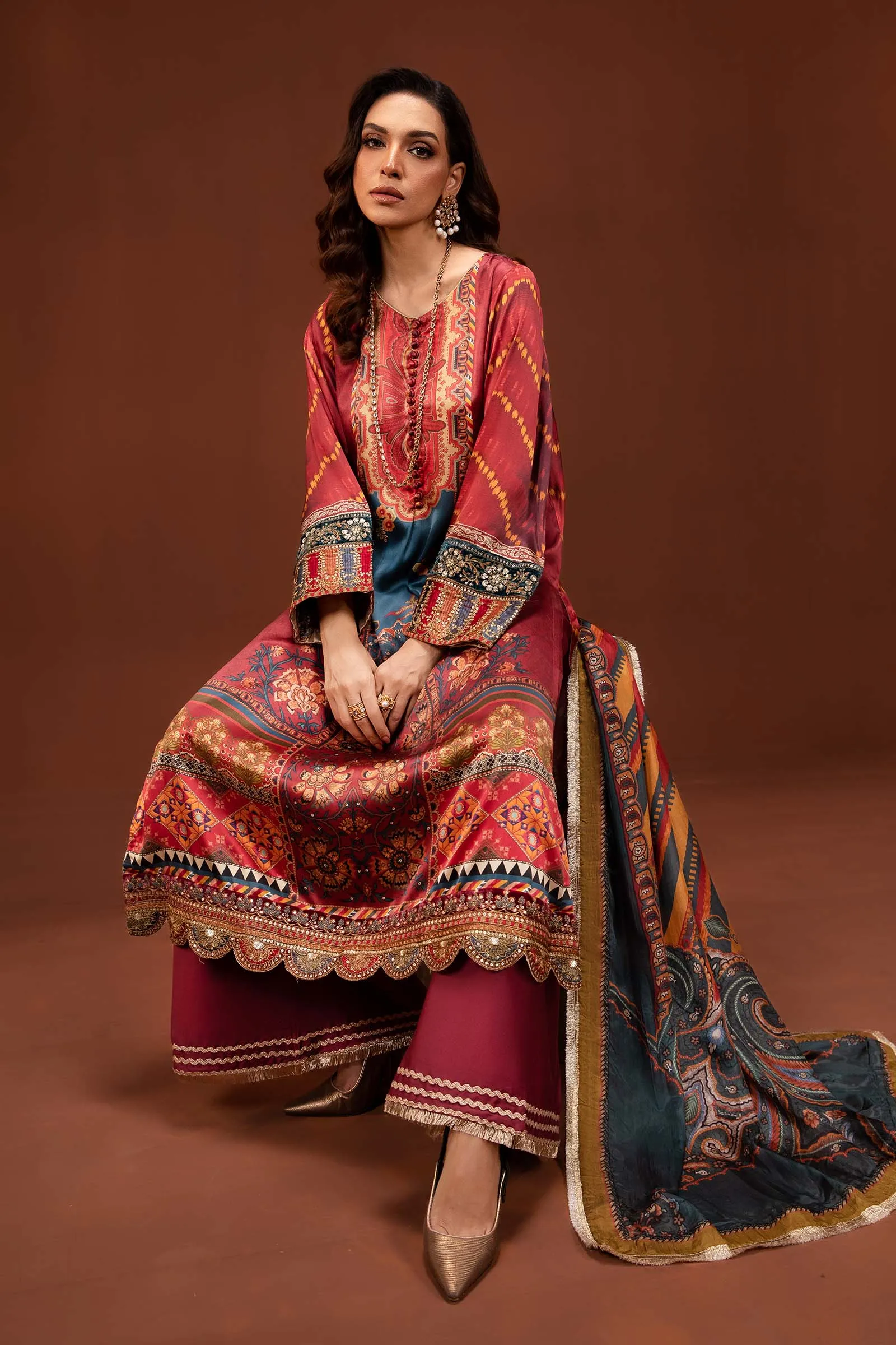 3 Piece Printed Pure Charmeuse Silk Suit | MPS-PF24-08