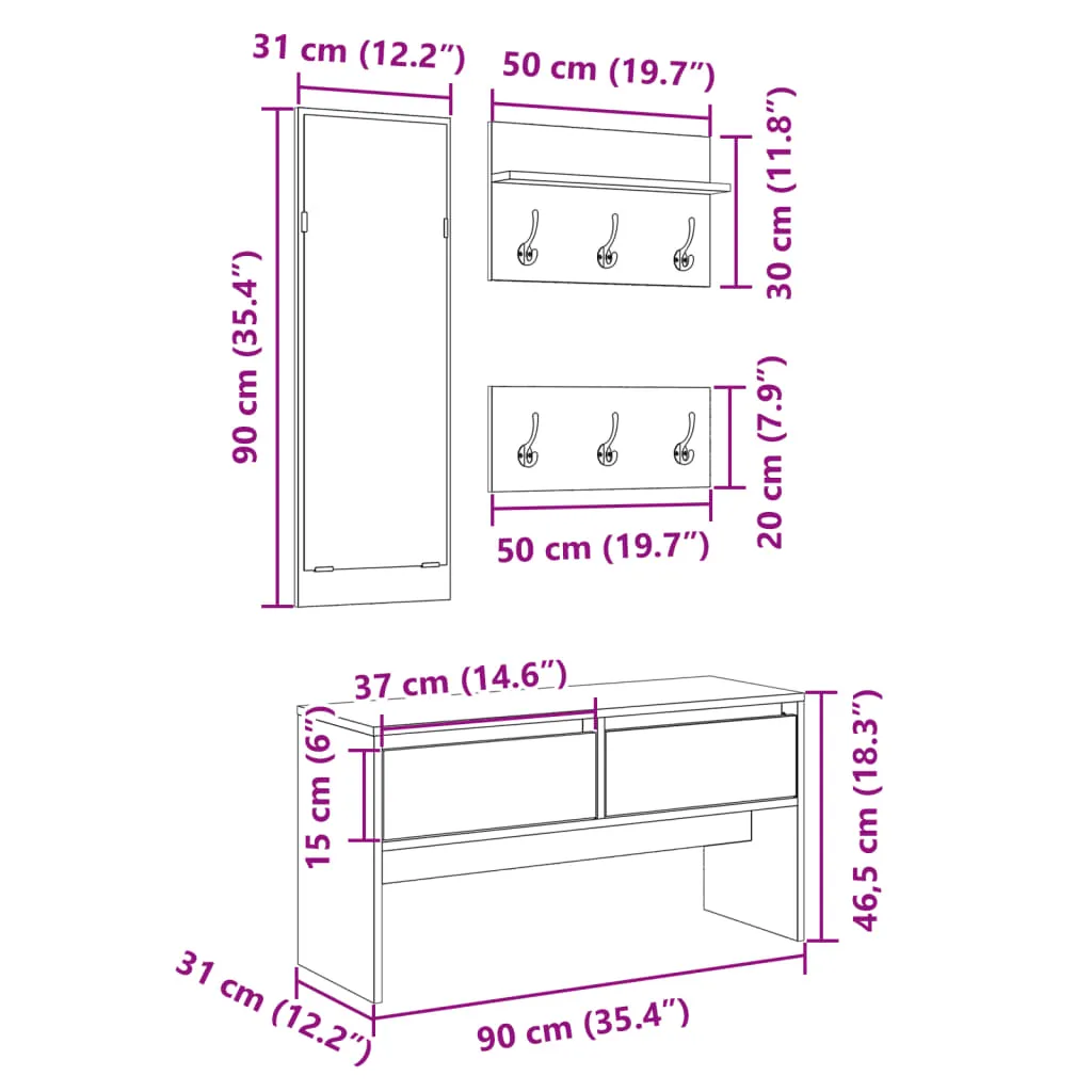 4 Piece Hallway Furniture Set Concrete Grey Engineered Wood