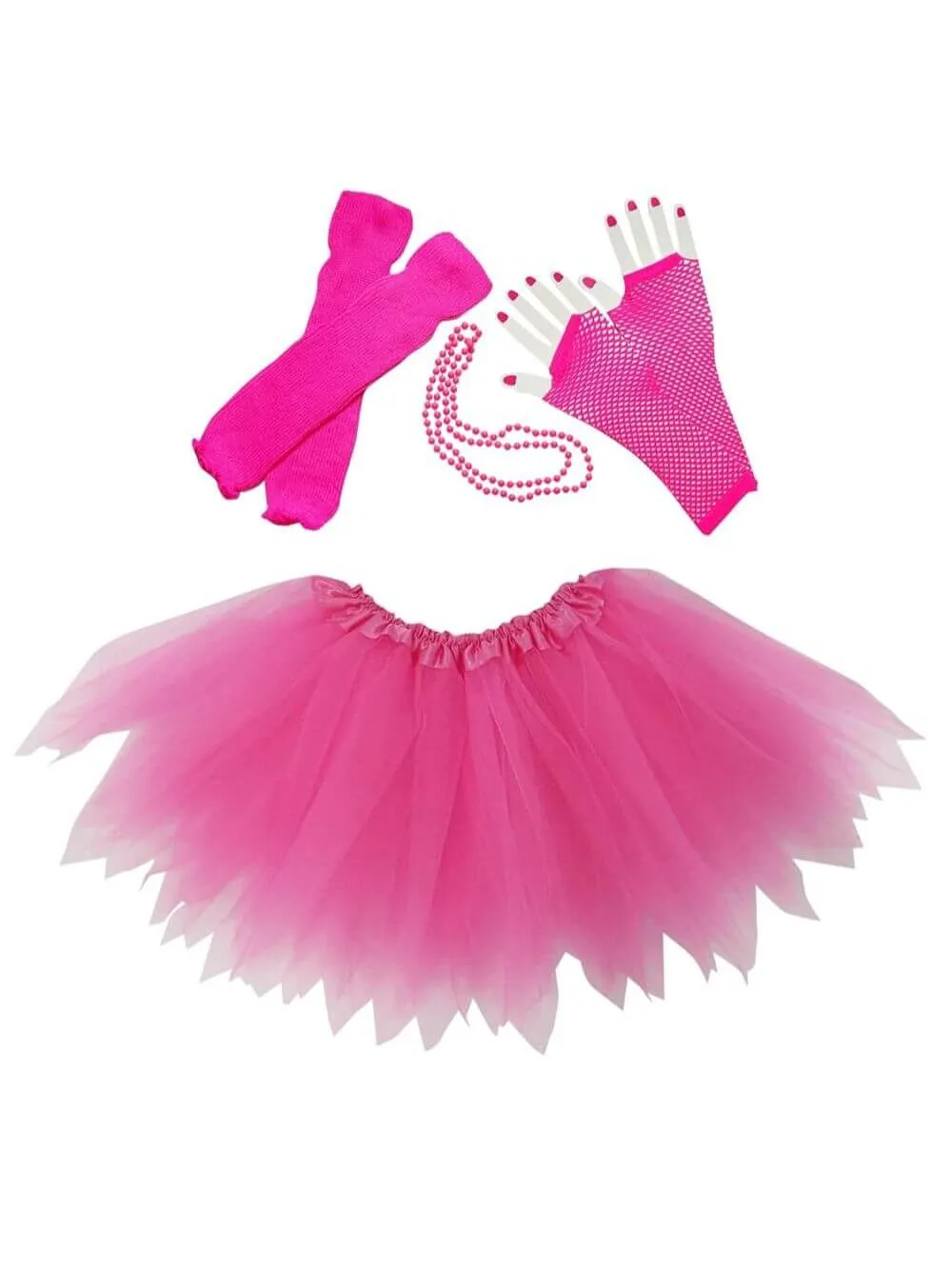 80s Costume in Neon Hot Pink - 4 Piece Pixie Tutu Set for Girls, Adult, & Plus Sizes