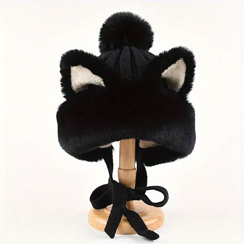 Adorable Fox/Cat Ear Warm Winter Hat - Plush Knit, Elastic, with Ear Protection & Adjustable Drawstring for Stylish Warmth