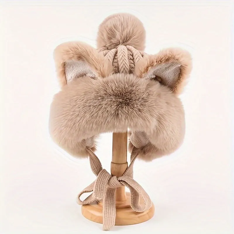 Adorable Fox/Cat Ear Warm Winter Hat - Plush Knit, Elastic, with Ear Protection & Adjustable Drawstring for Stylish Warmth