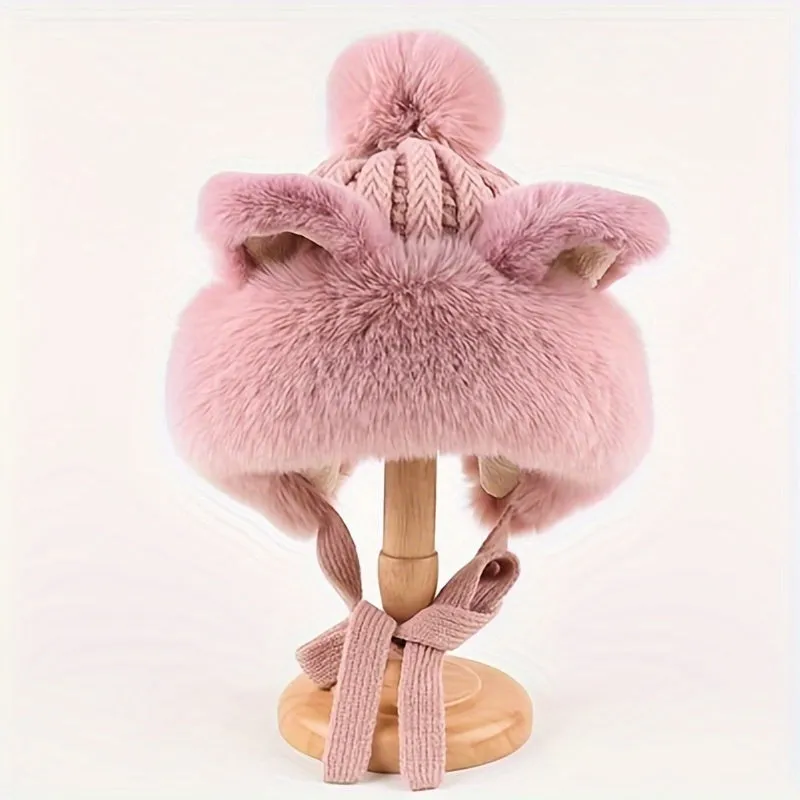 Adorable Fox/Cat Ear Warm Winter Hat - Plush Knit, Elastic, with Ear Protection & Adjustable Drawstring for Stylish Warmth