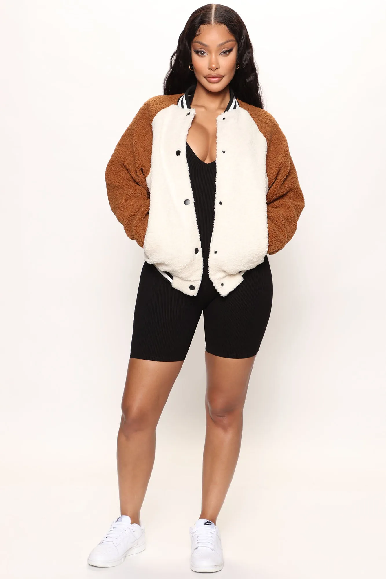 Ahead Of The Game Sherpa Varsity Jacket - Ivory/combo