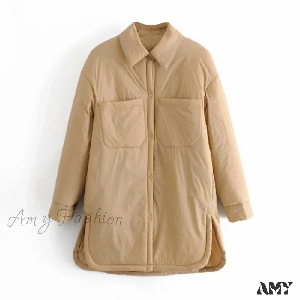 Amy Fashion - Loose Long Basic Pocket Shirt Coats