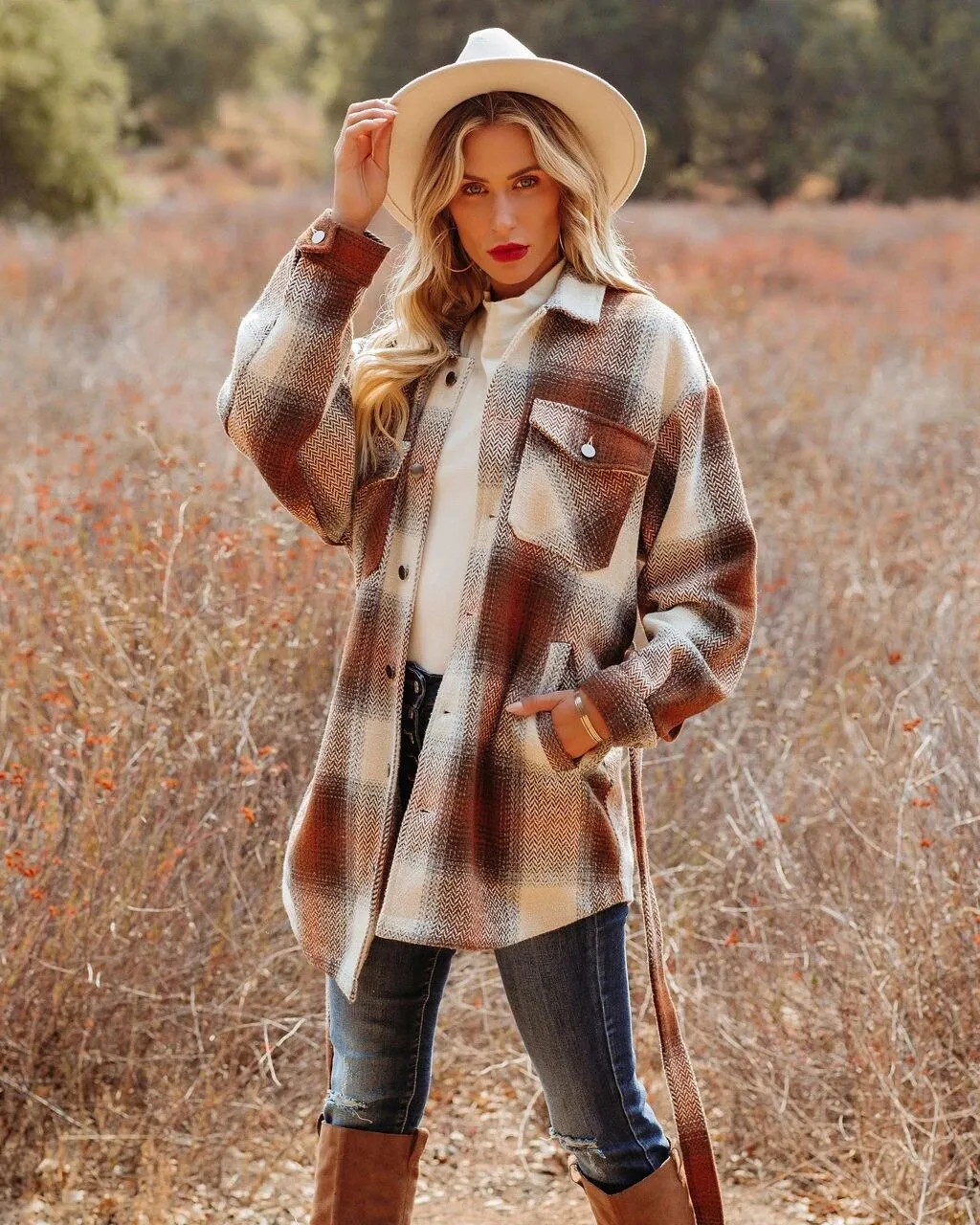 Autumn and winter new plaid shirt plaid belt woolen coat Western Cowgirl Shirts