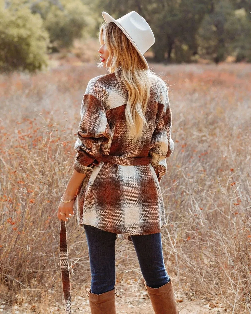 Autumn and winter new plaid shirt plaid belt woolen coat Western Cowgirl Shirts