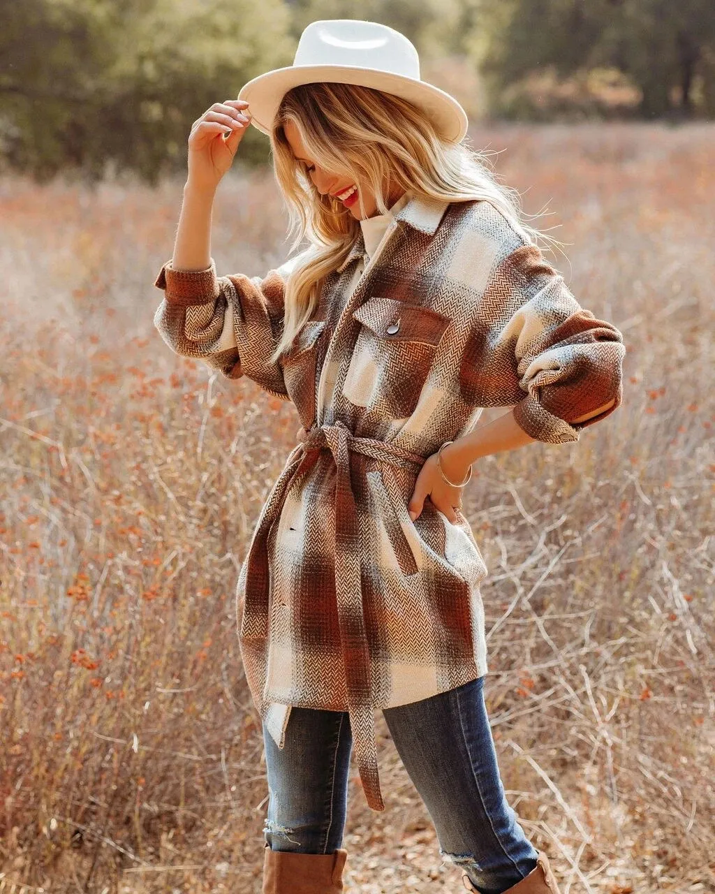 Autumn and winter new plaid shirt plaid belt woolen coat Western Cowgirl Shirts