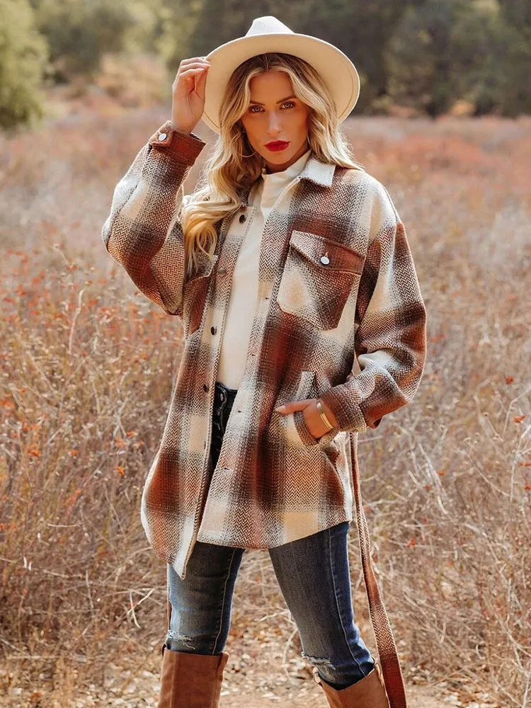 Autumn and winter new plaid shirt plaid belt woolen coat Western Cowgirl Shirts