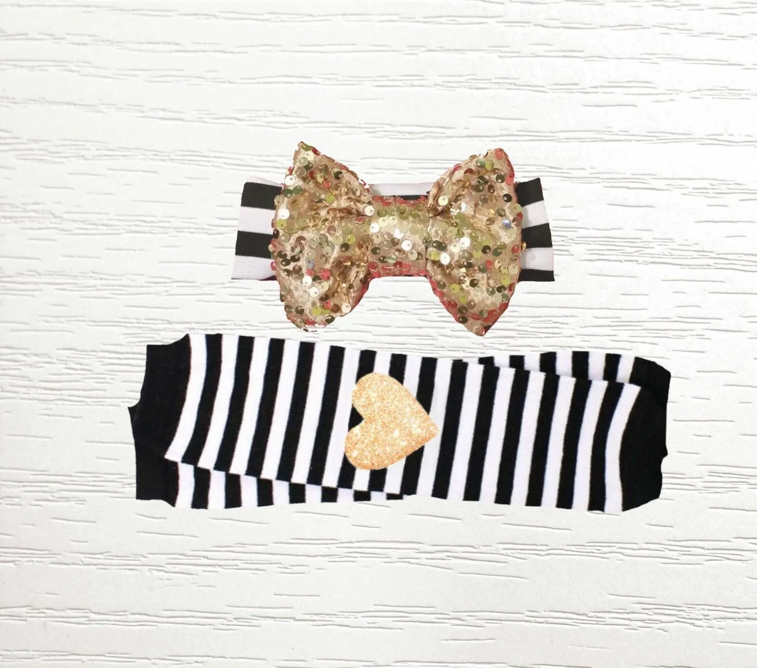 Baby Leg Warmer Set / Black White Stripe Leg Warmer   Heart Knee Patch   Gold Sequin Bow Band