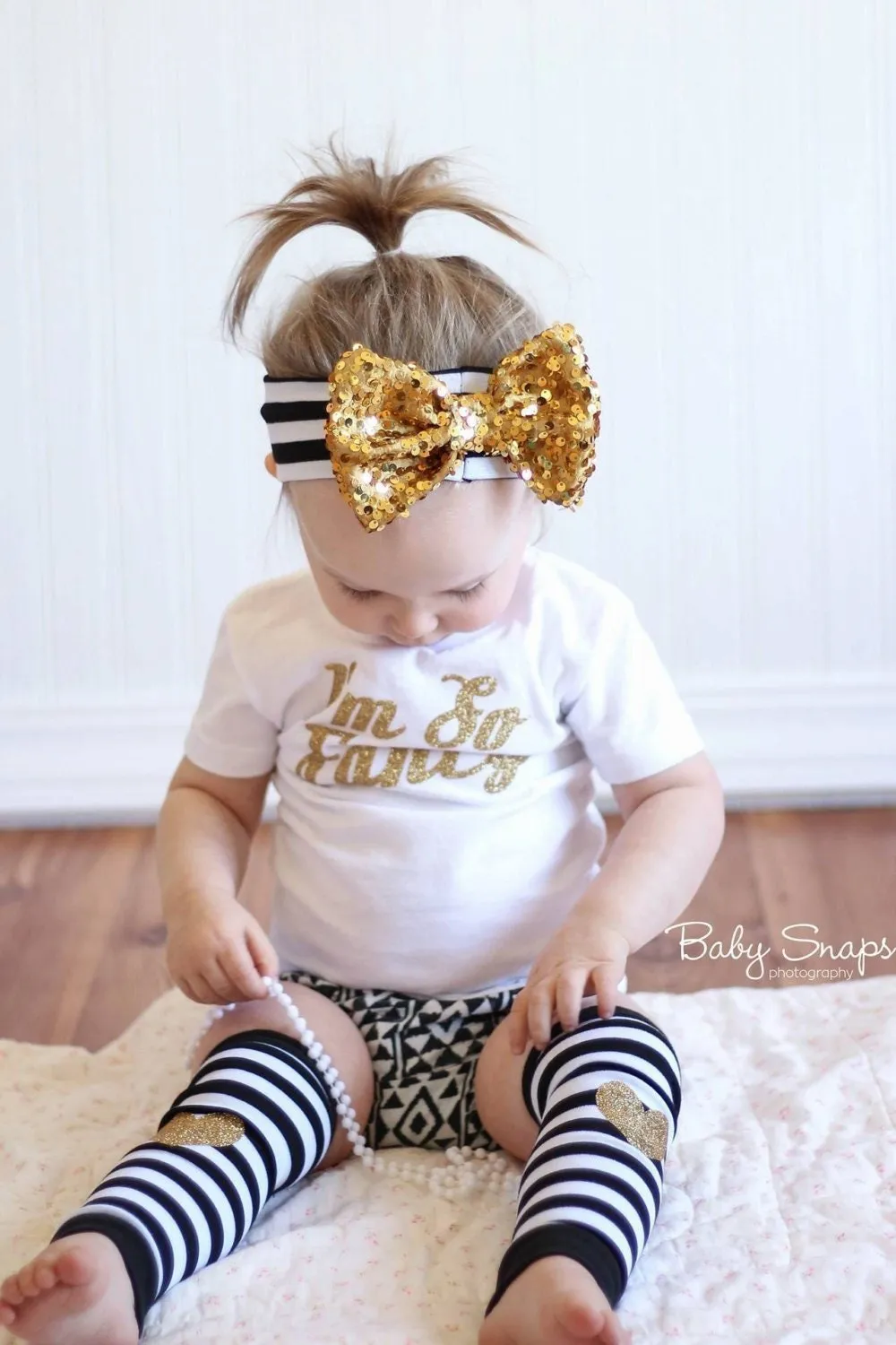 Baby Leg Warmer Set / Black White Stripe Leg Warmer   Heart Knee Patch   Gold Sequin Bow Band