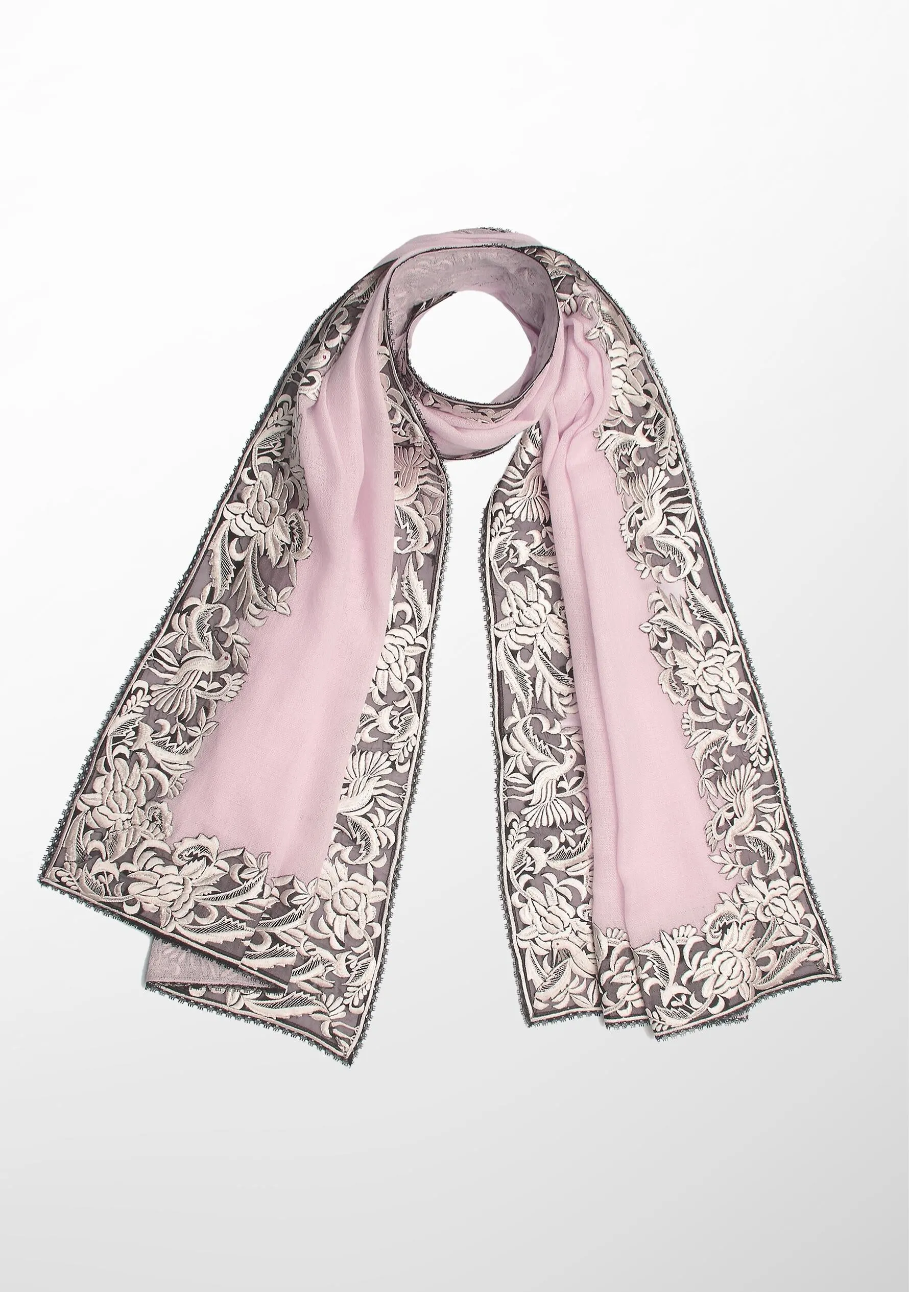 Baby Pink Cashmere Scarf with a Ivory Border Embroidery and Black Lace Edging