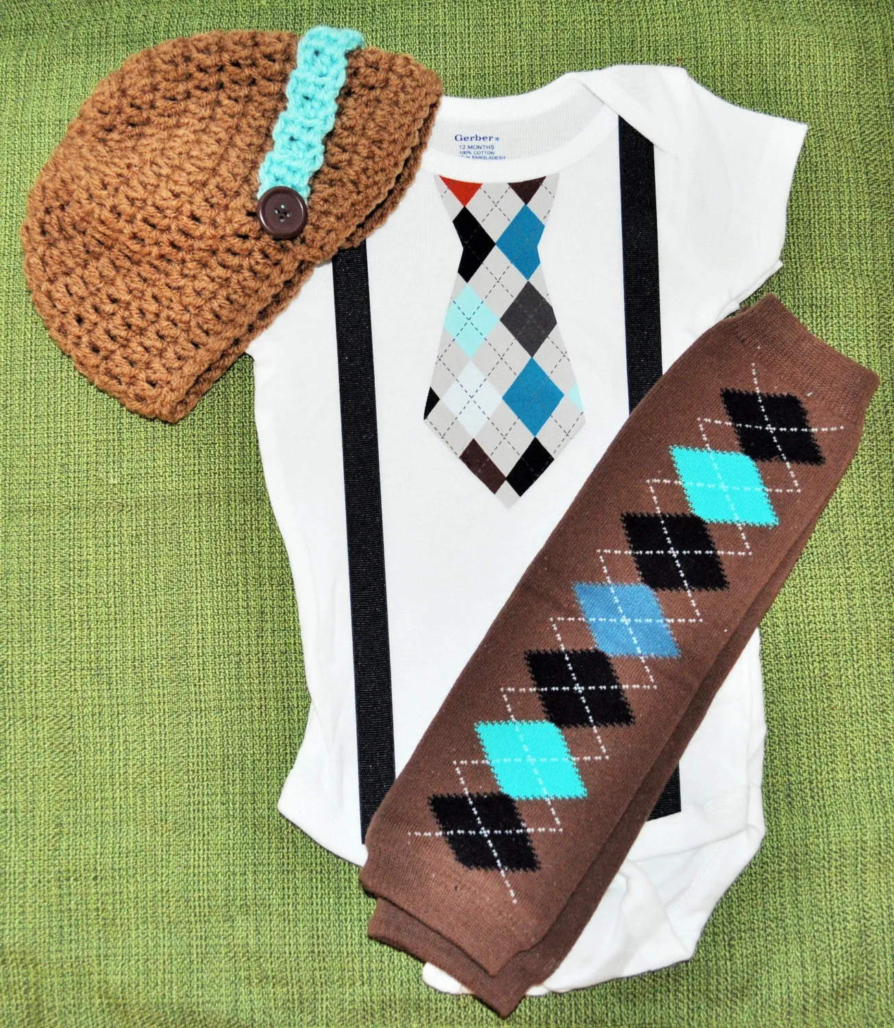 Baby/Toddler Cake smash set argyle brown and teal tie bodysuit and suspenders with argyle baby leg warmers and brown and teal crochet hat