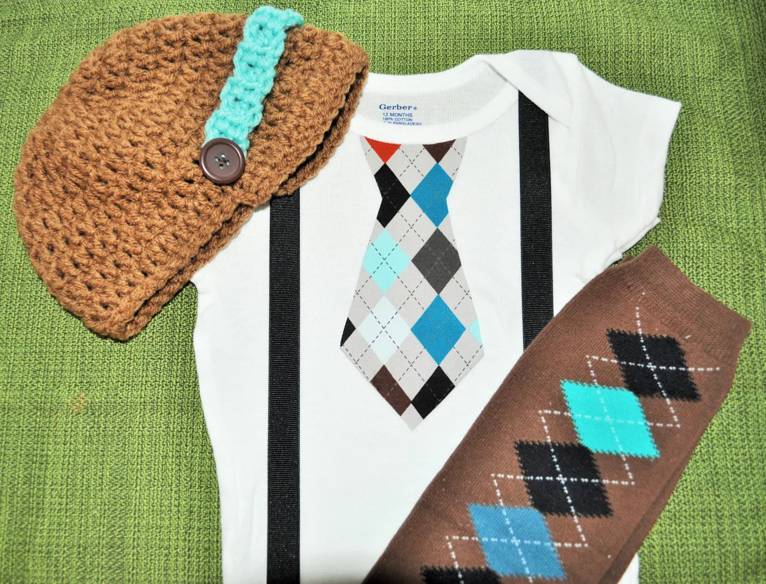 Baby/Toddler Cake smash set argyle brown and teal tie bodysuit and suspenders with argyle baby leg warmers and brown and teal crochet hat