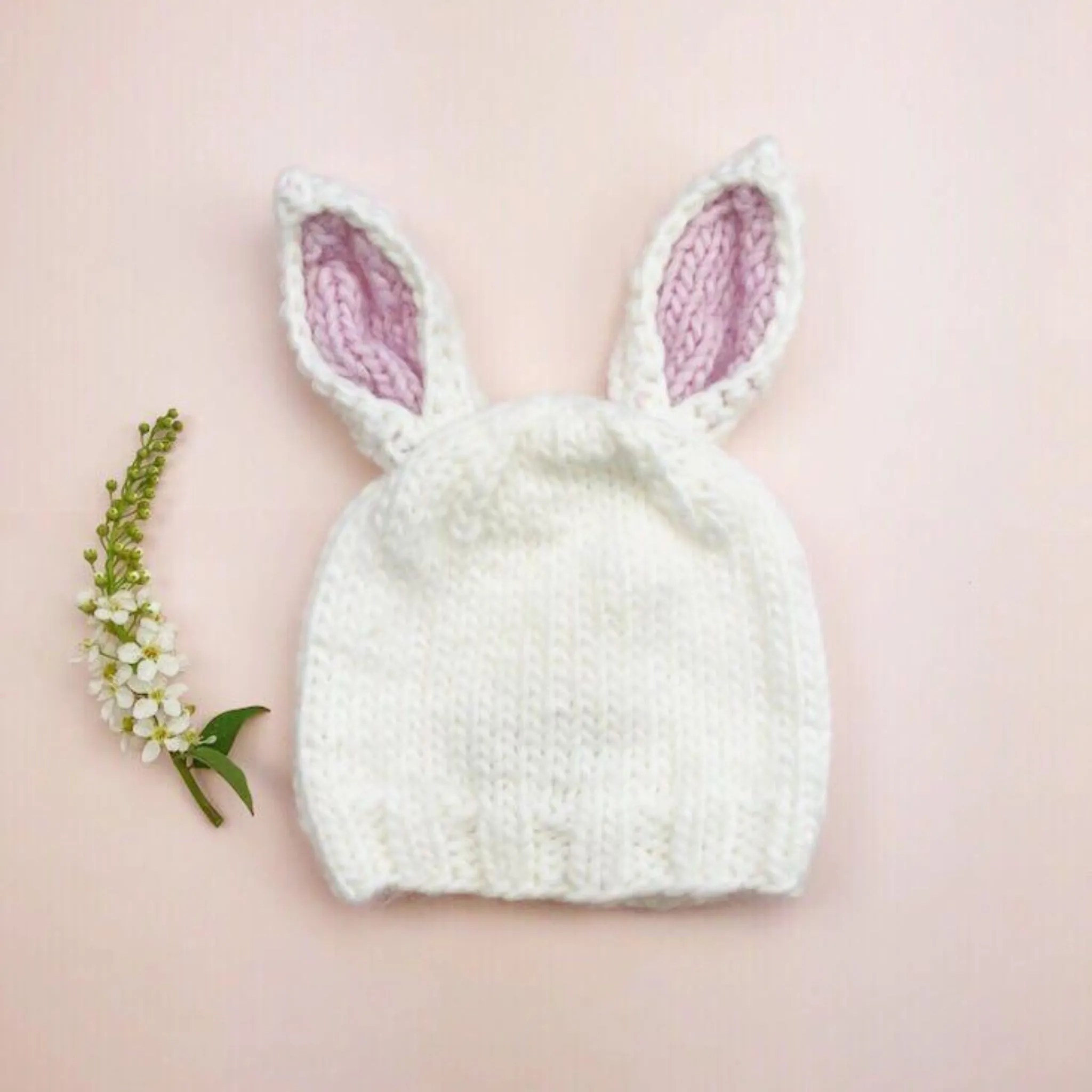 Bailey Bunny Hand-Knit Hat, White with Pink Ears