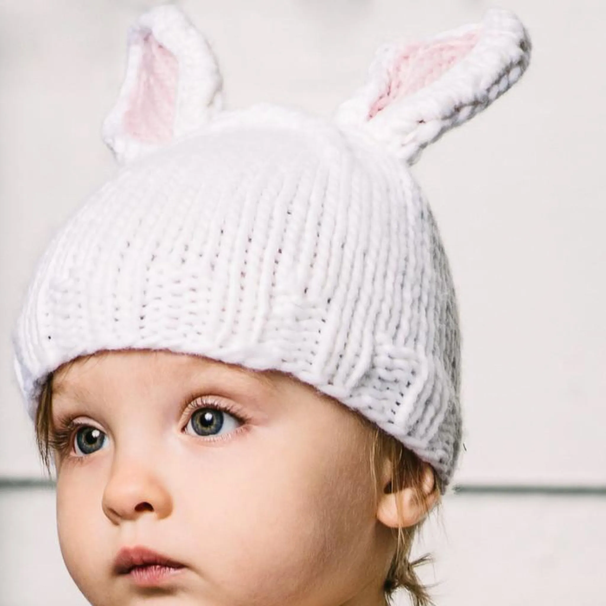 Bailey Bunny Hand-Knit Hat, White with Pink Ears