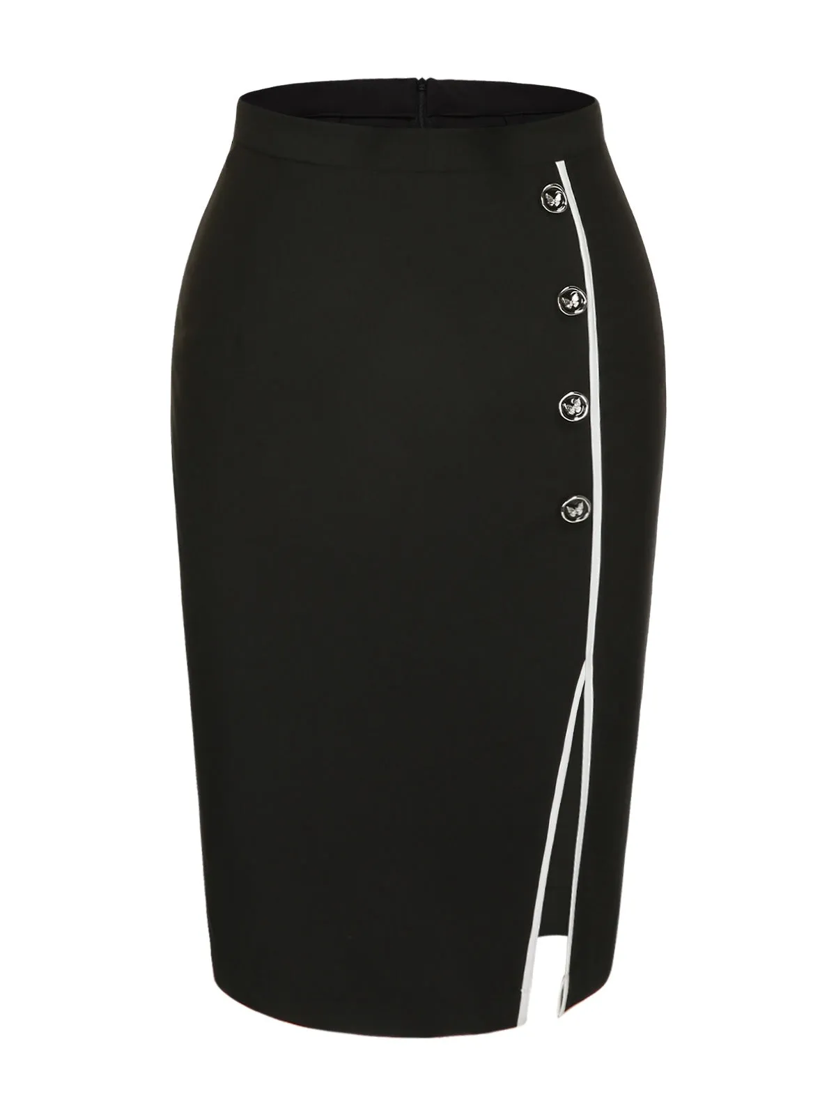 Black 1960s Butterfly Buttons Slit Pencil Skirt