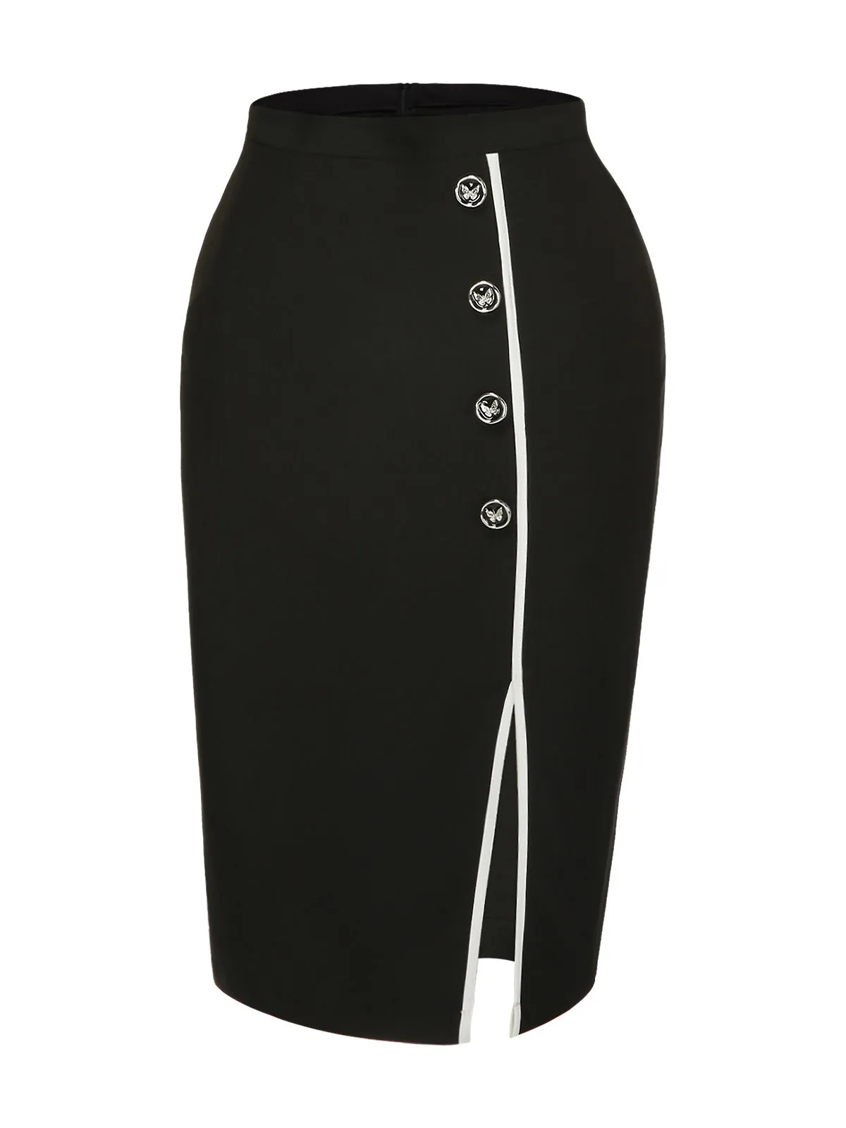 Black 1960s Butterfly Buttons Slit Pencil Skirt