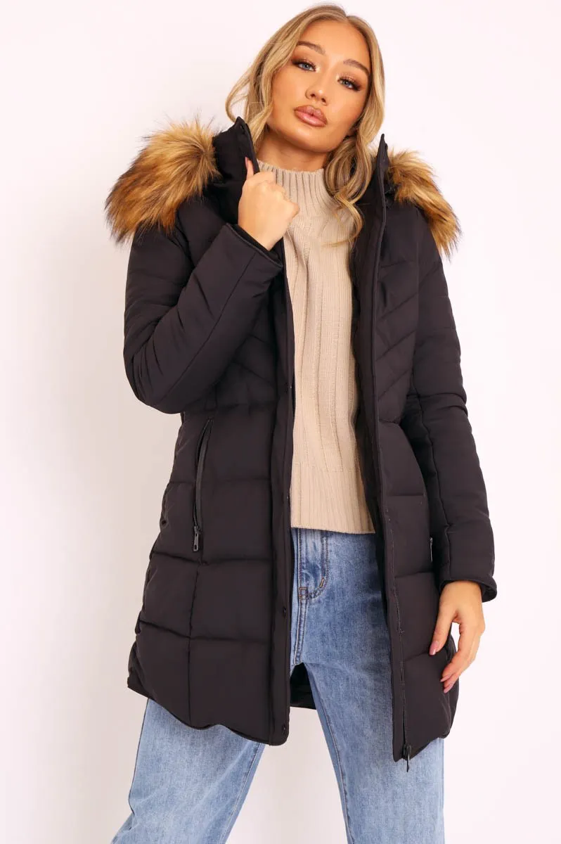 Black Adjustable Back Long Puffer Coat - Maezie