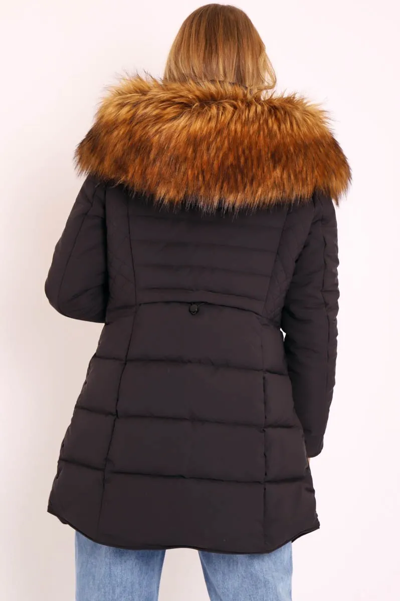 Black Adjustable Back Long Puffer Coat - Maezie