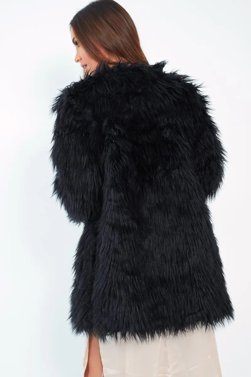 Black Shaggy Faux Fur Coat - Evalina