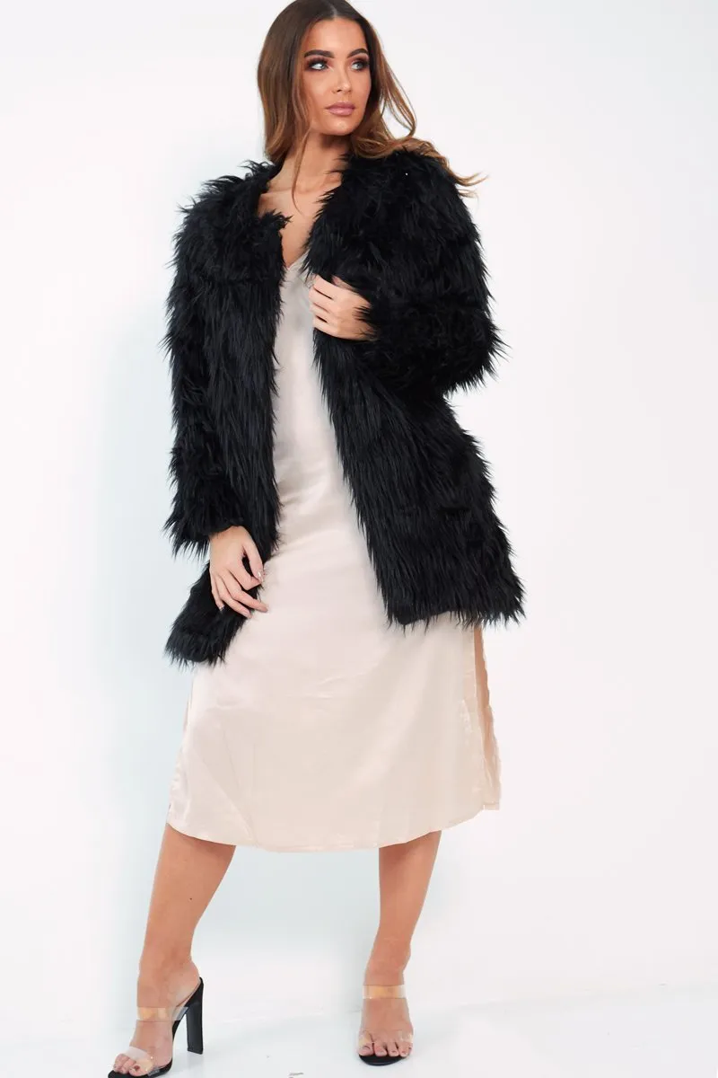 Black Shaggy Faux Fur Coat - Evalina