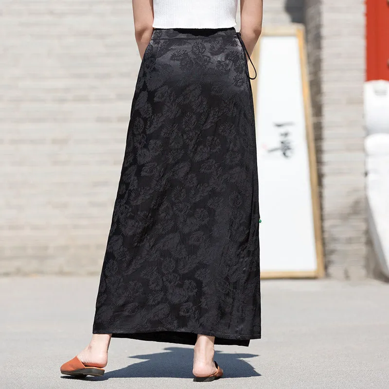 Black Vintage Chinese-style Feather Pattern Jacquard Midi Skirt for Women