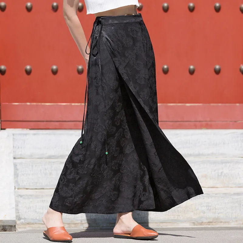 Black Vintage Chinese-style Feather Pattern Jacquard Midi Skirt for Women