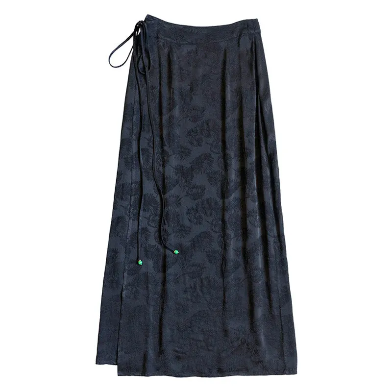 Black Vintage Chinese-style Feather Pattern Jacquard Midi Skirt for Women