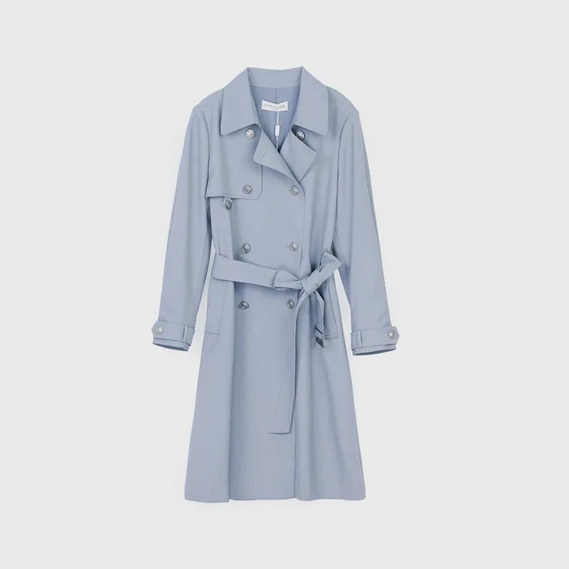 Blue Belted Double Breasted Trench Coat