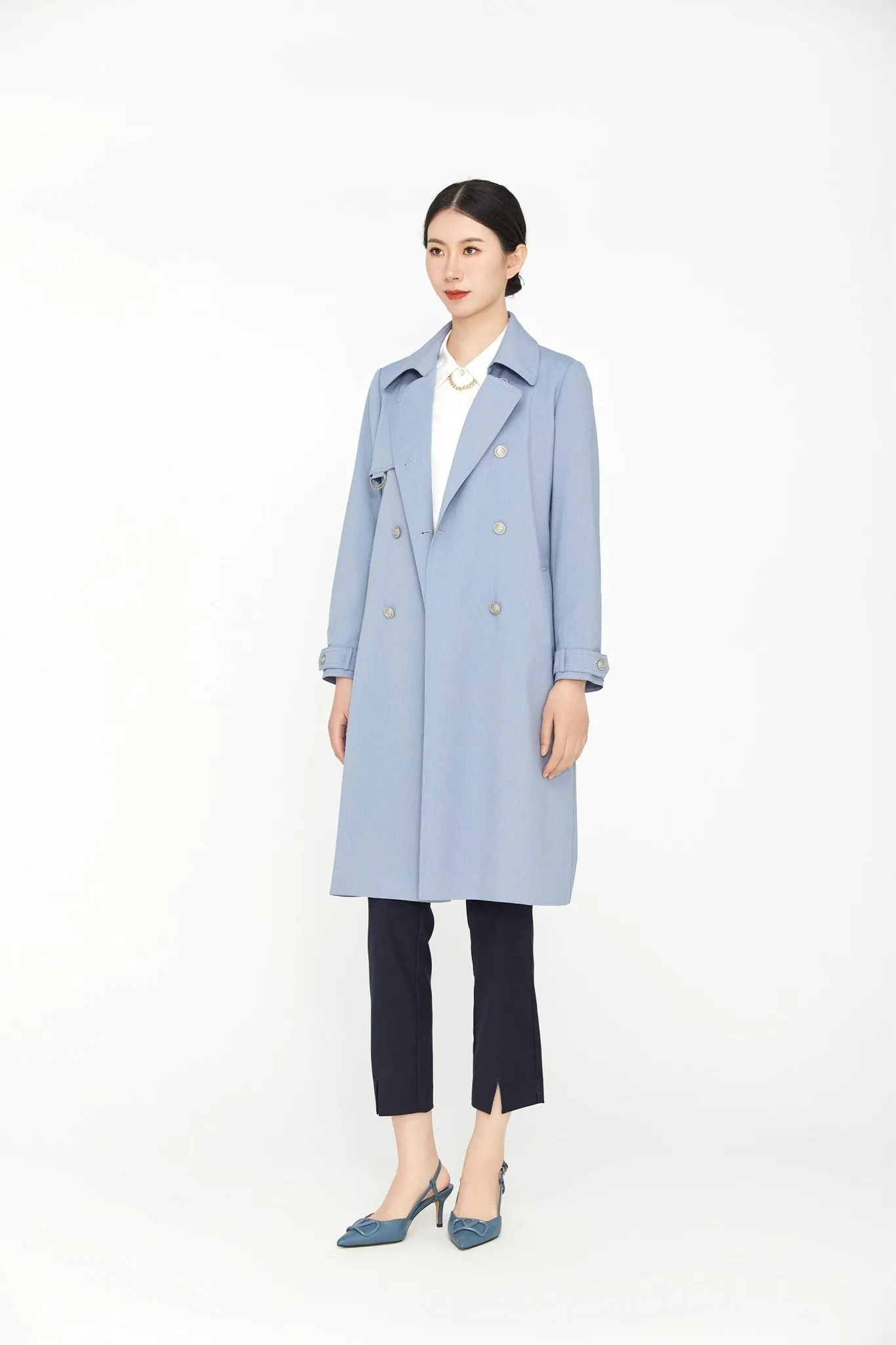 Blue Belted Double Breasted Trench Coat