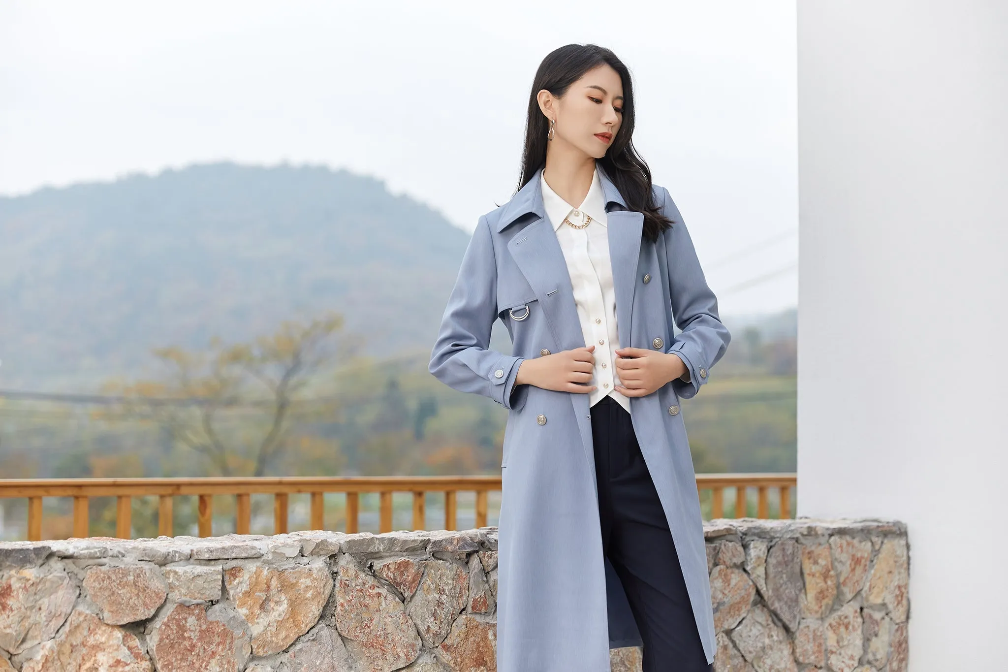 Blue Belted Double Breasted Trench Coat