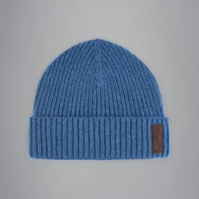 Blue Ribbed Knit Re-Wool Beanie with Sueded Leather Badge - Paul & Shark