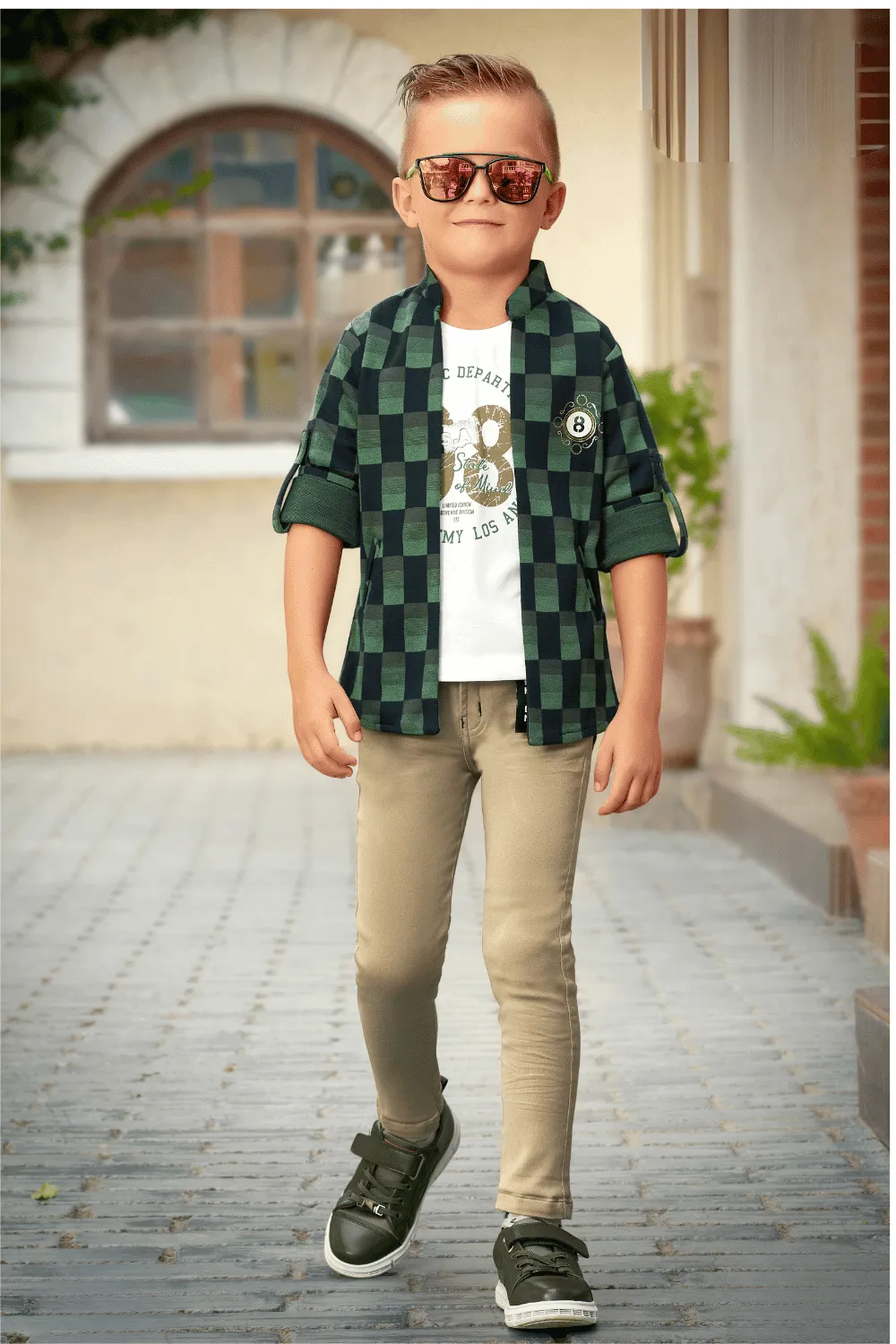 Bottle Green and White with Beige Multicolor Printed Waist Coat and Set for Boys with Belt