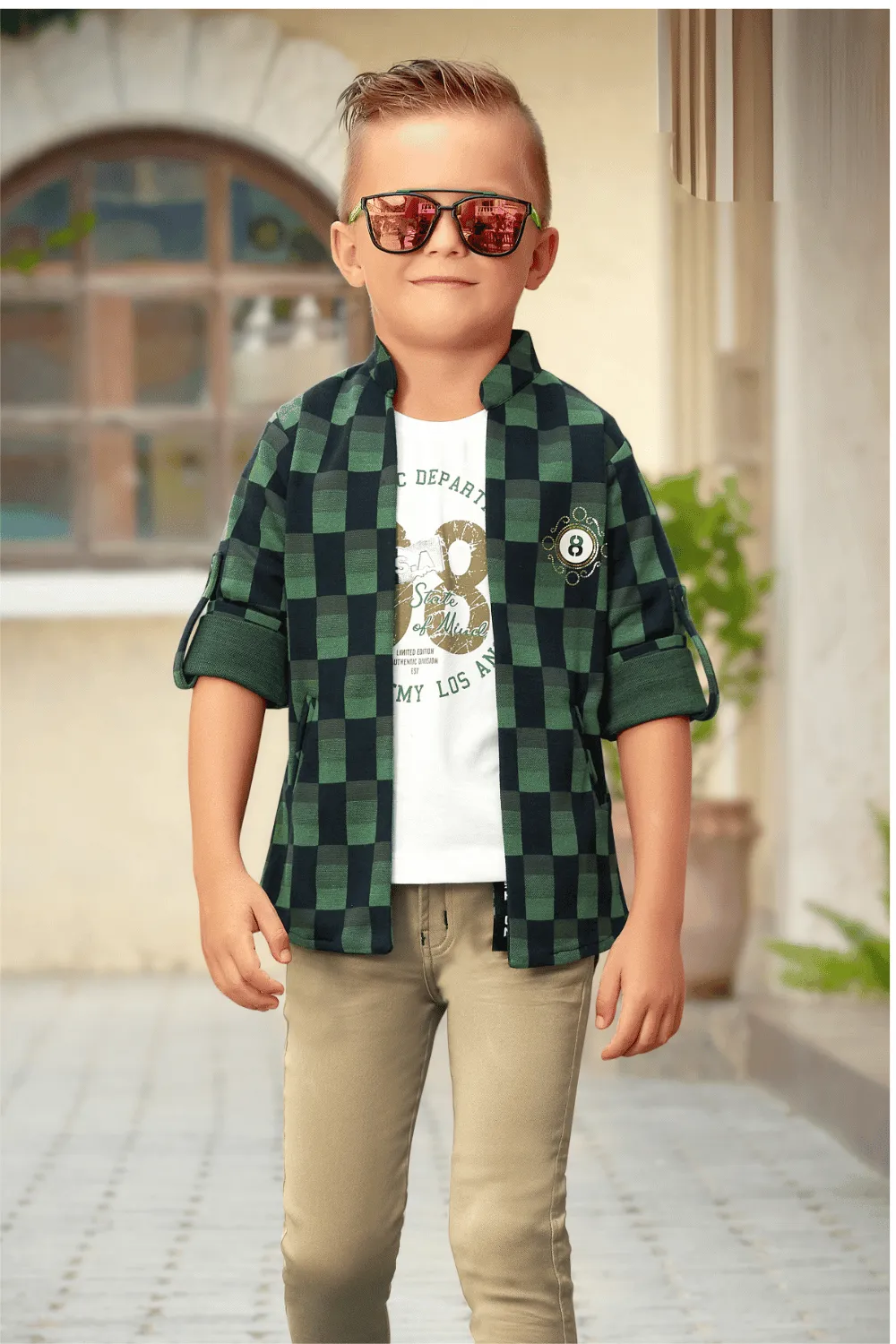 Bottle Green and White with Beige Multicolor Printed Waist Coat and Set for Boys with Belt