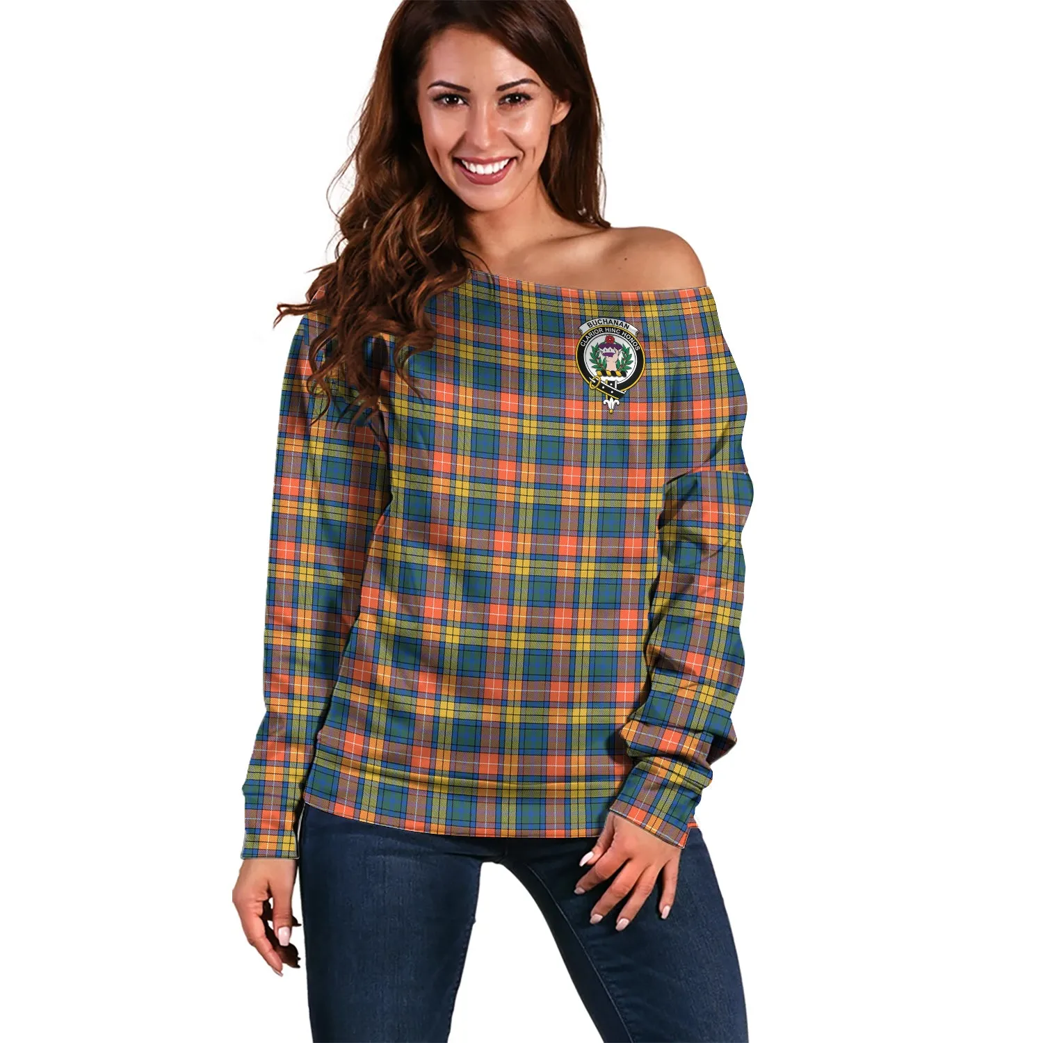 Buchanan Ancient Tartan Off Shoulder Women Sweater with Family Crest