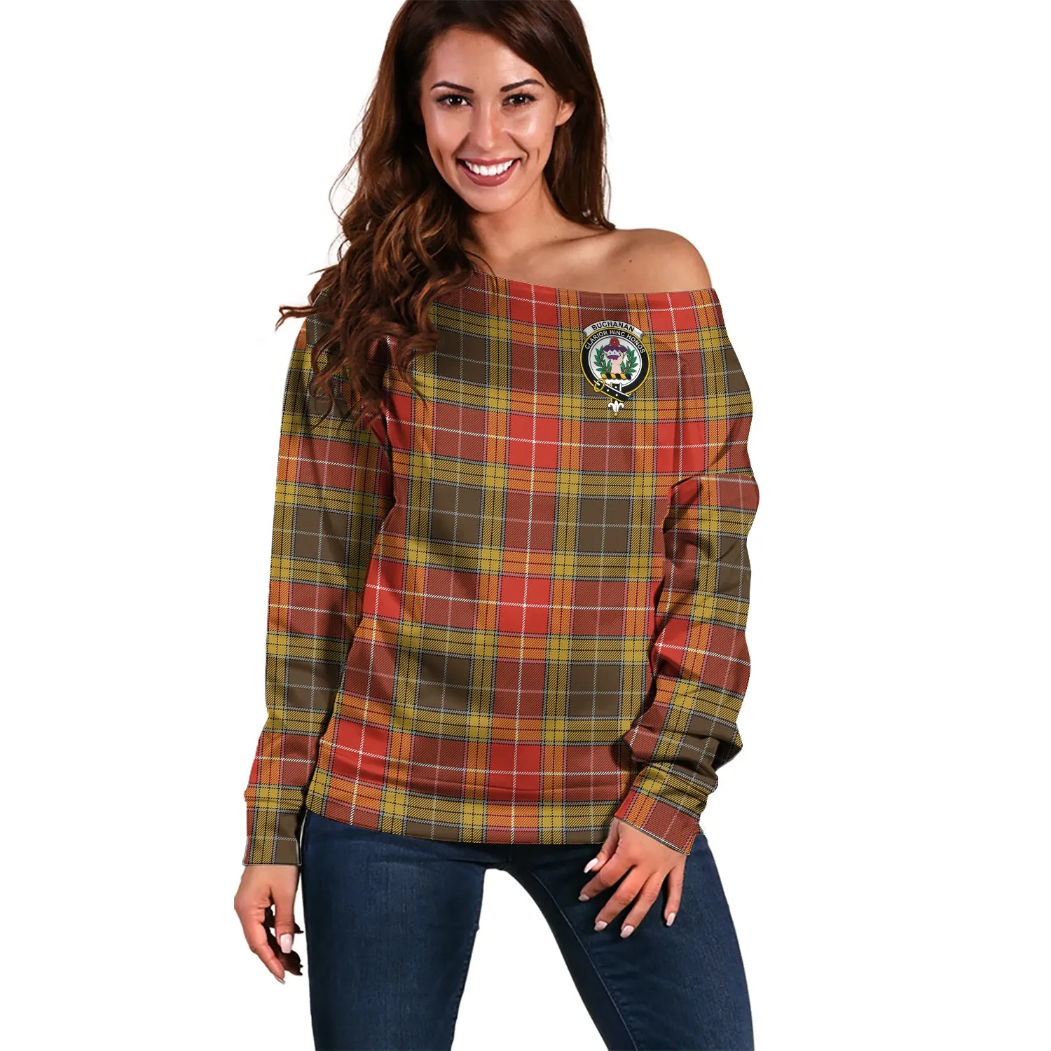 Buchanan Old Set Weathered Tartan Off Shoulder Women Sweater with Family Crest