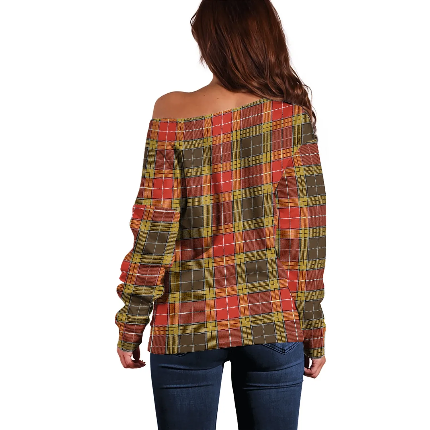 Buchanan Old Set Weathered Tartan Off Shoulder Women Sweater with Family Crest