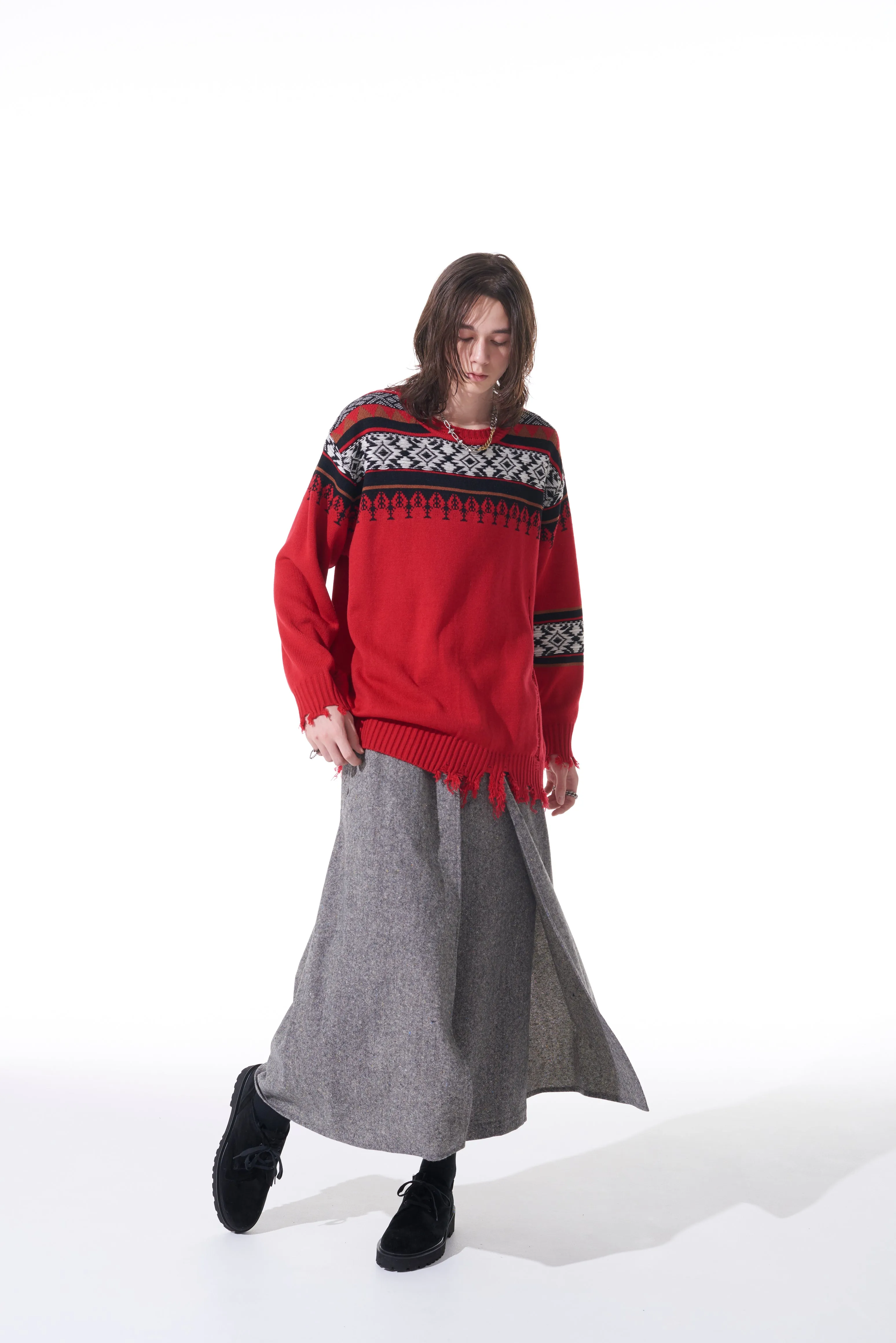 BULKY WOOL NORDIC PATTERN DAMAGED ROUND NECK KNIT