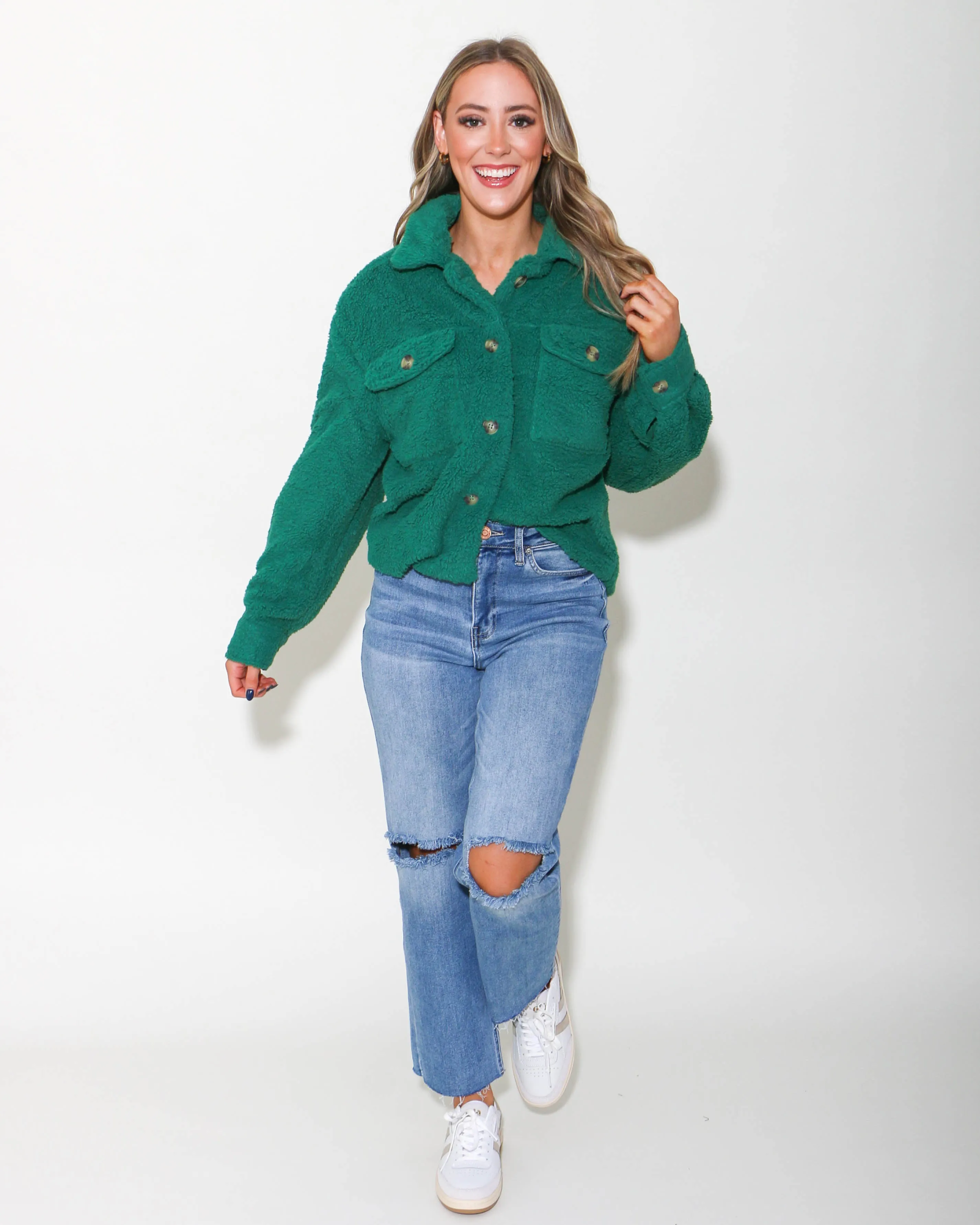 Button Up Sherpa Jacket in Green