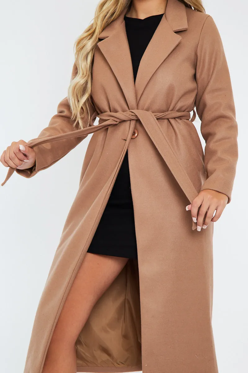 Camel Longline Button Up Belted Tailored Coat - Damiya