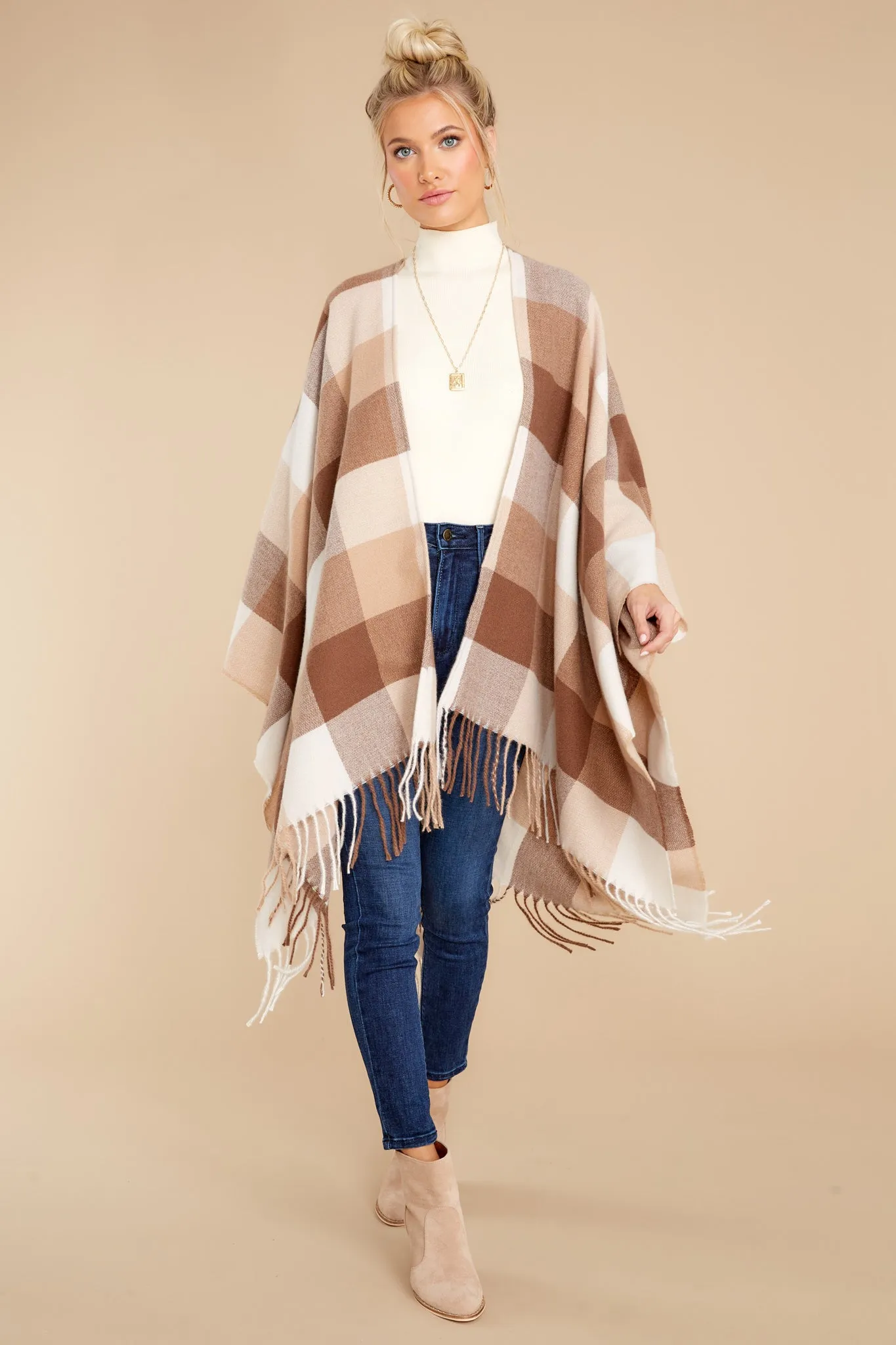 Caramel Dream Light Brown Plaid Poncho Cardigan