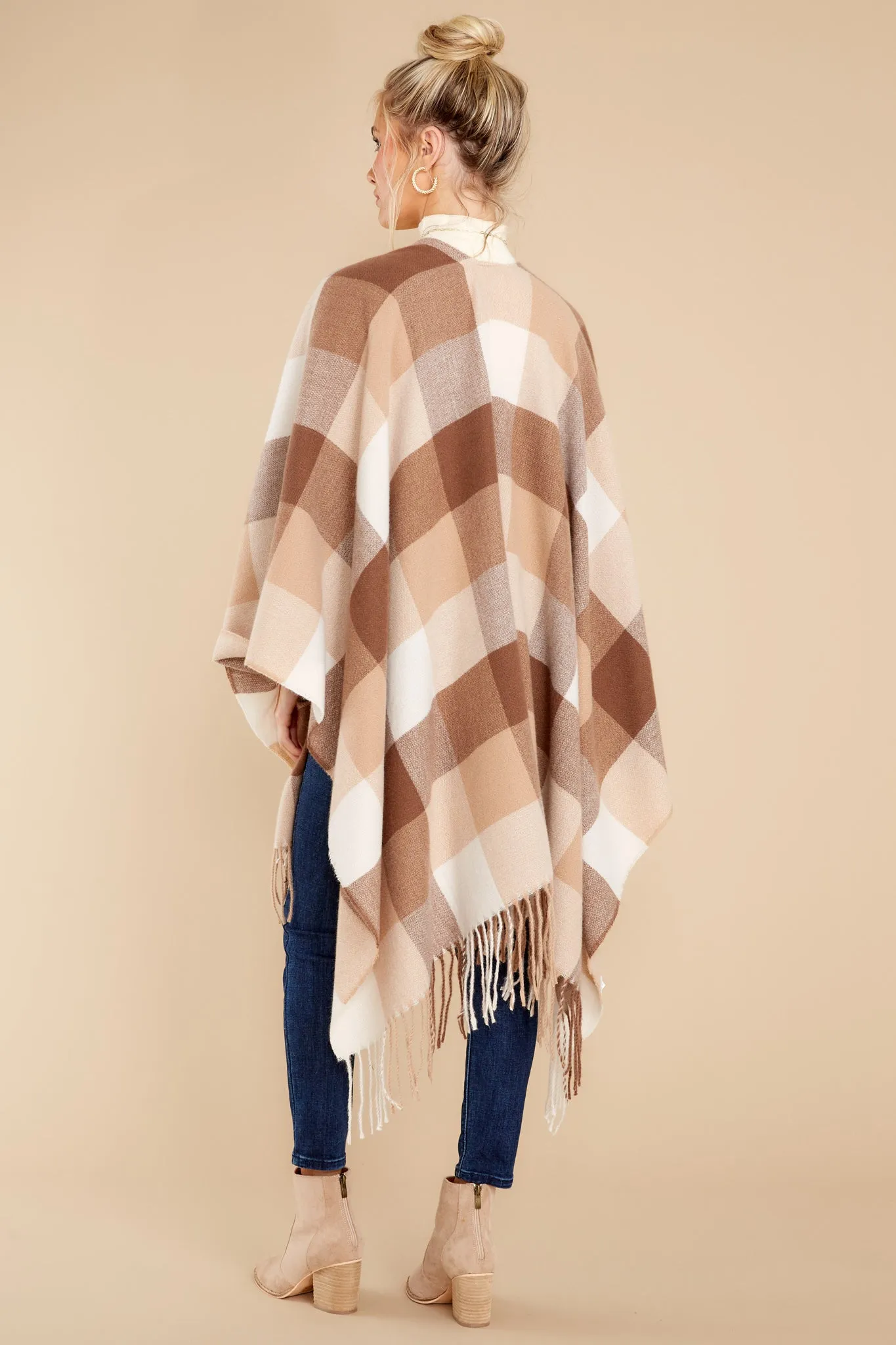 Caramel Dream Light Brown Plaid Poncho Cardigan