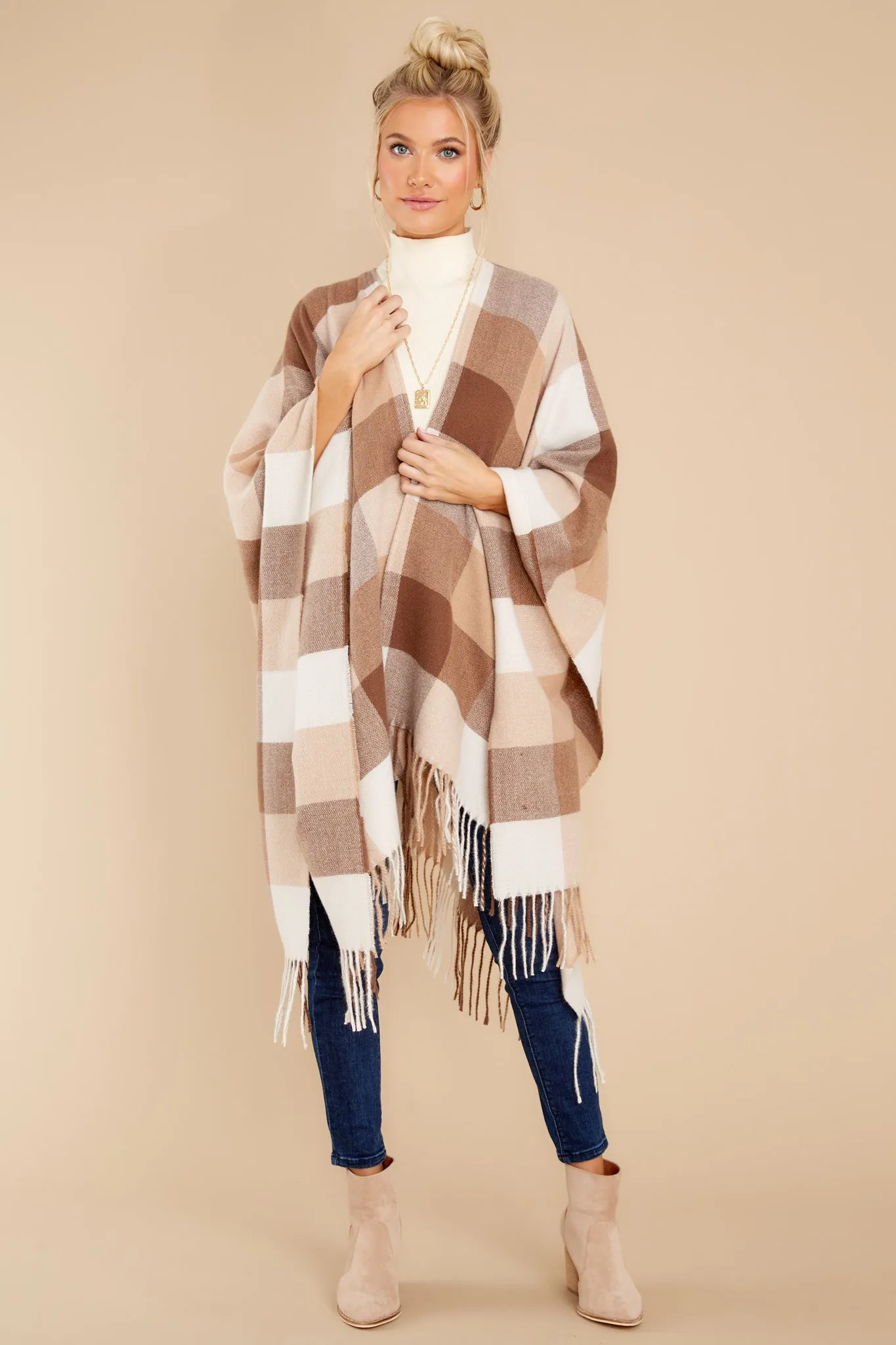 Caramel Dream Light Brown Plaid Poncho Cardigan