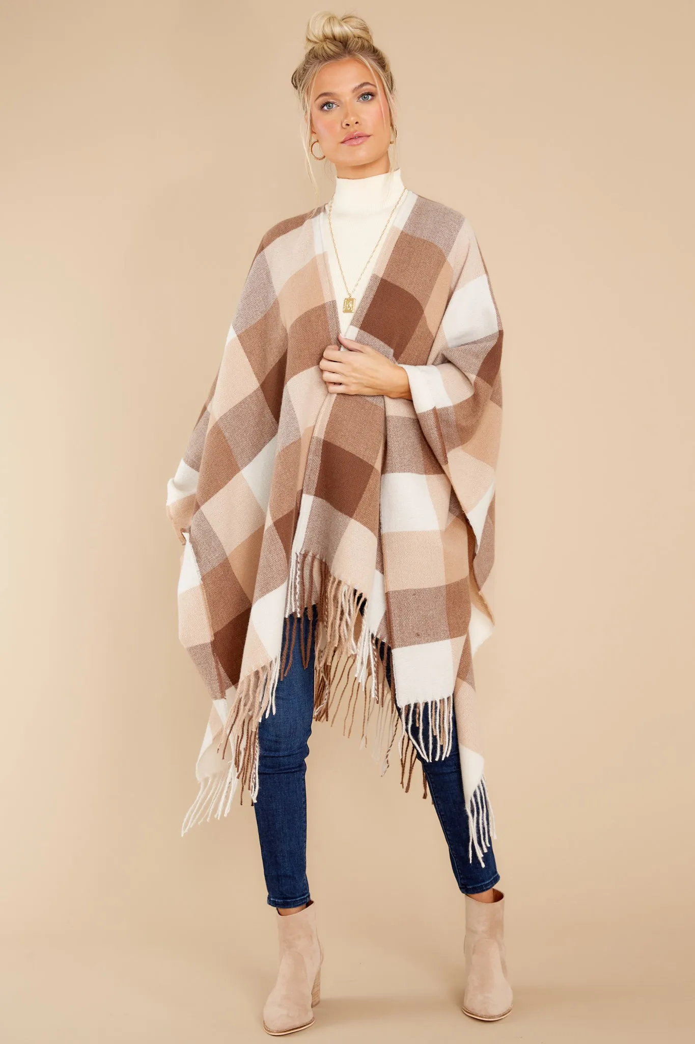 Caramel Dream Light Brown Plaid Poncho Cardigan