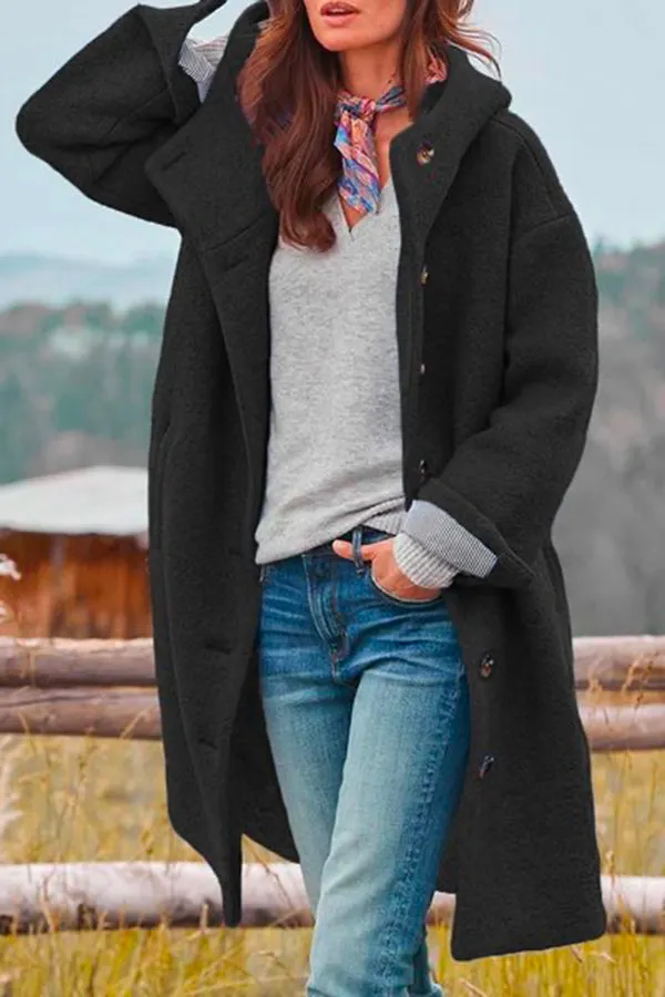 Casual Solid Color Hooded Single Breasted Wool Coat